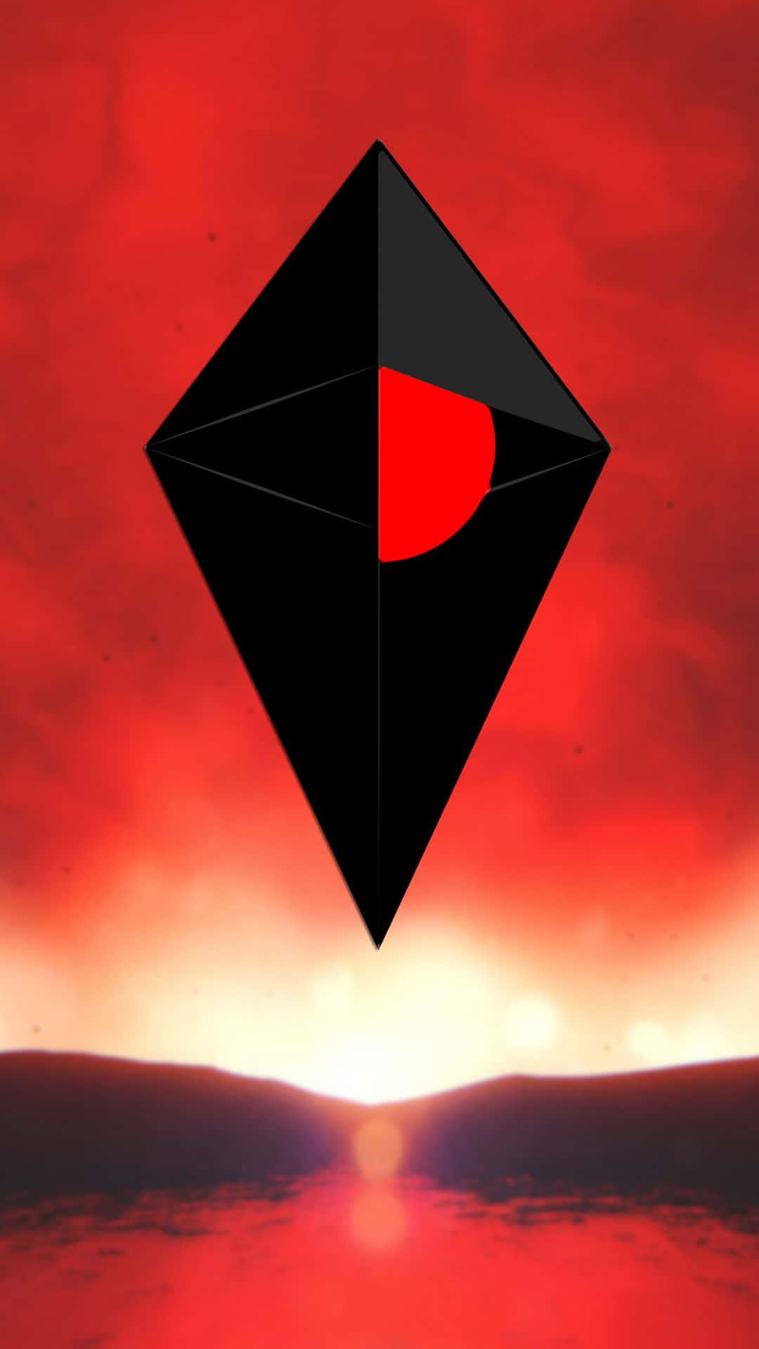 A Red And Black Diamond With A Sun In The Background Background