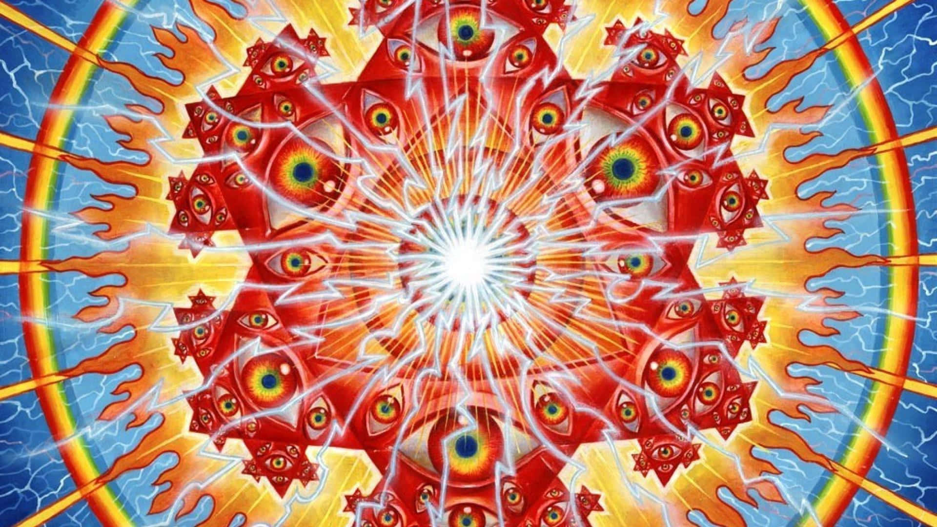 A Red And Blue Circular Design With A Blue Eye Background