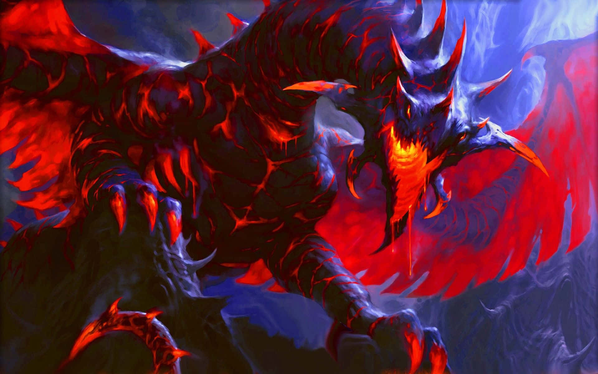 A Red And Blue Dragon With A Red Flame Background