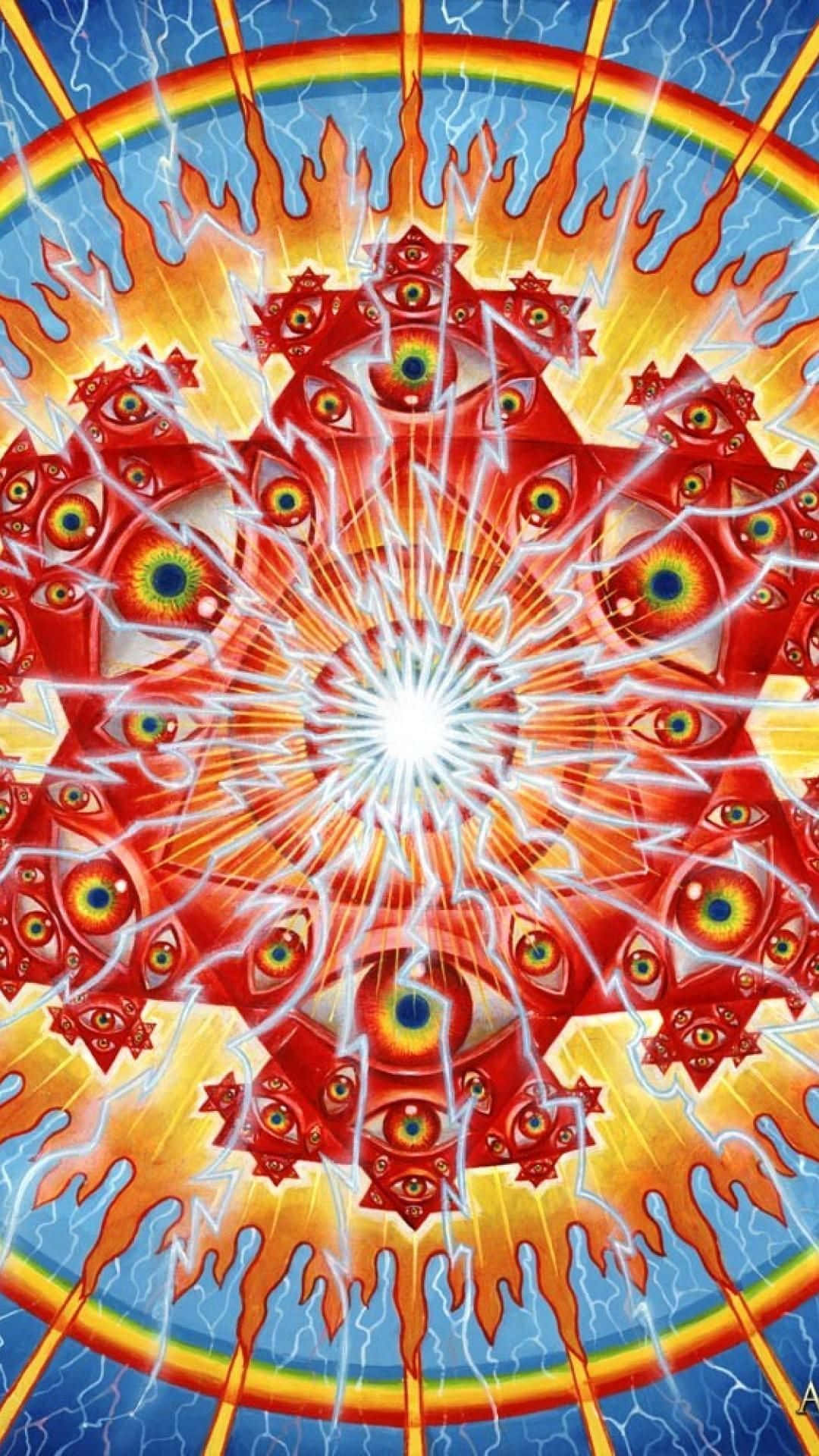 A Red And Blue Painting With A Sun In The Middle Background