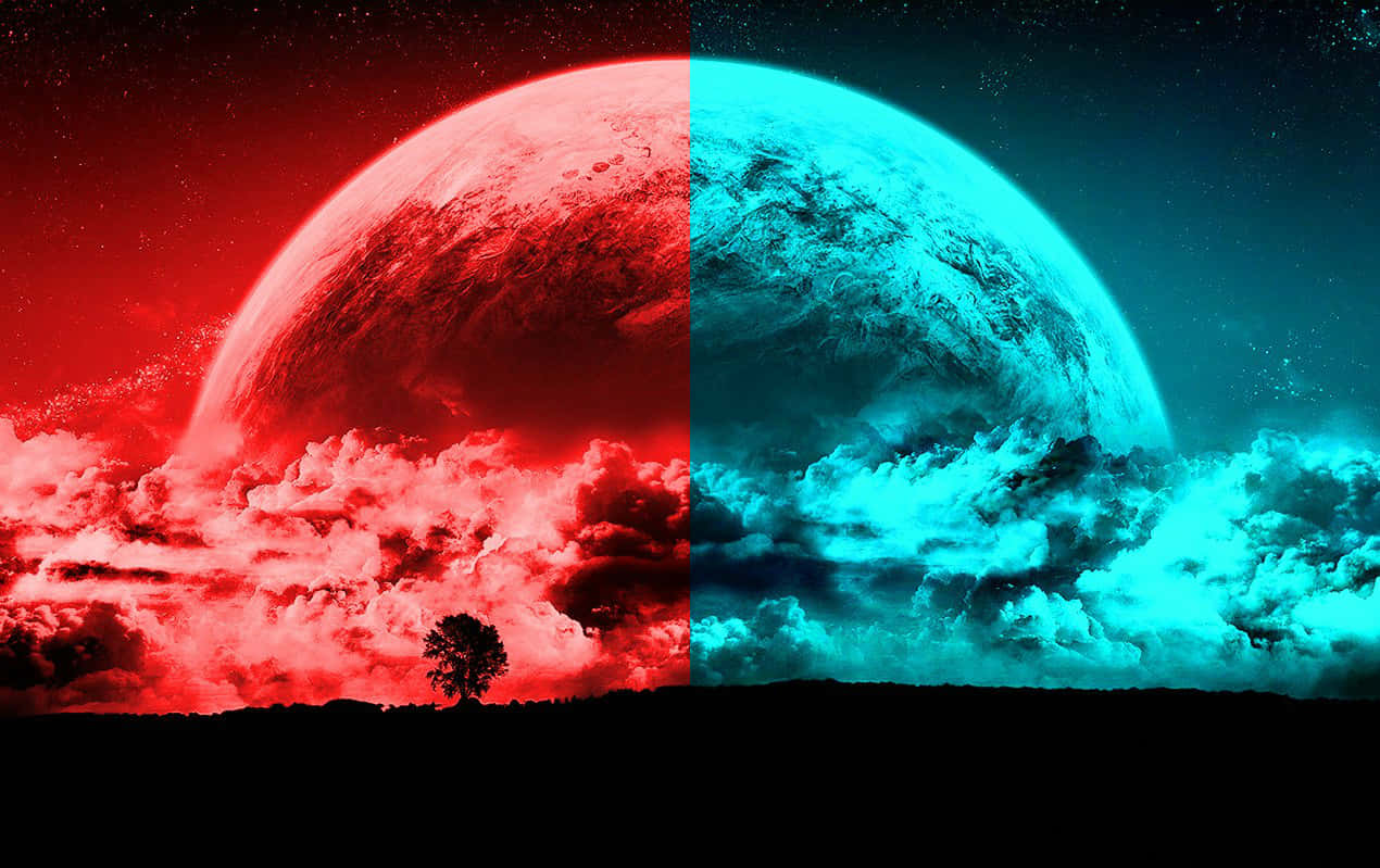 A Red And Blue Planet With A Tree In The Background Background