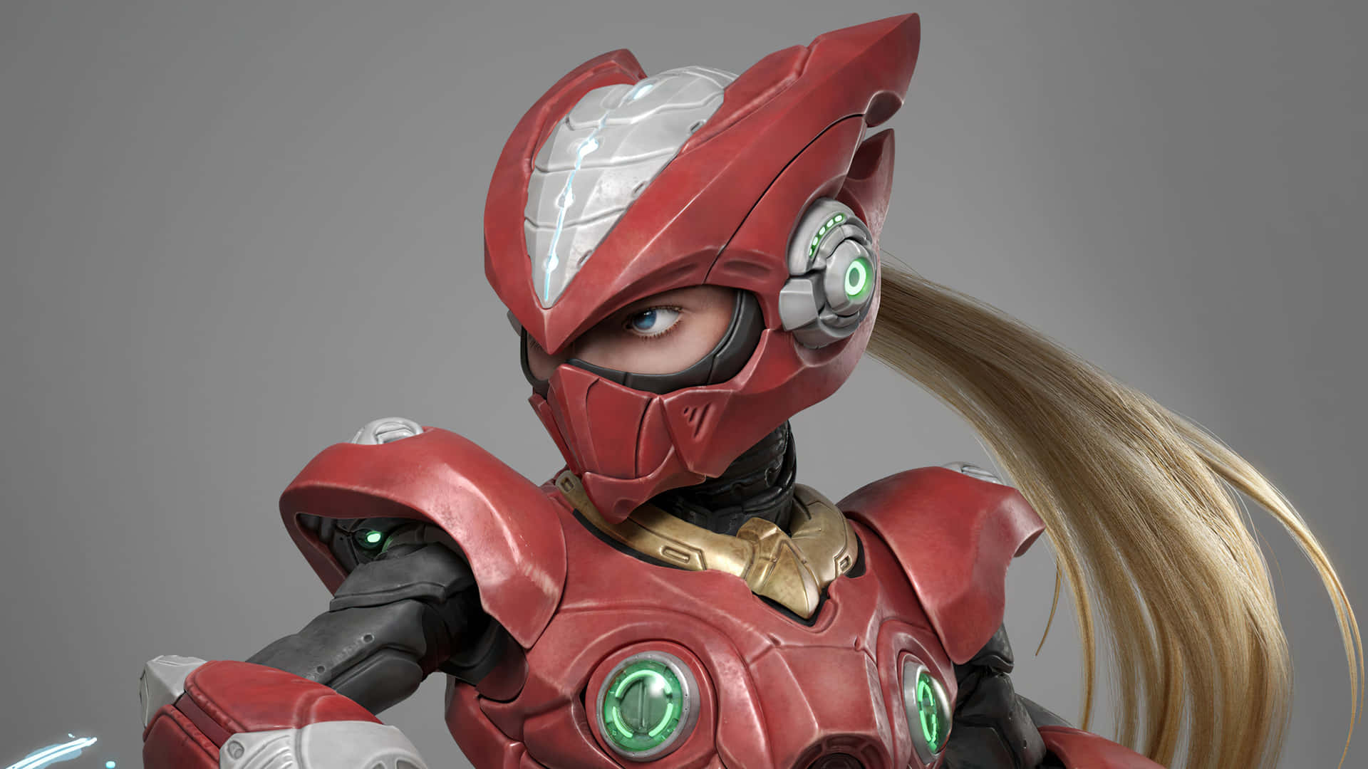A Red And White Robot With Long Hair And A Sword Background