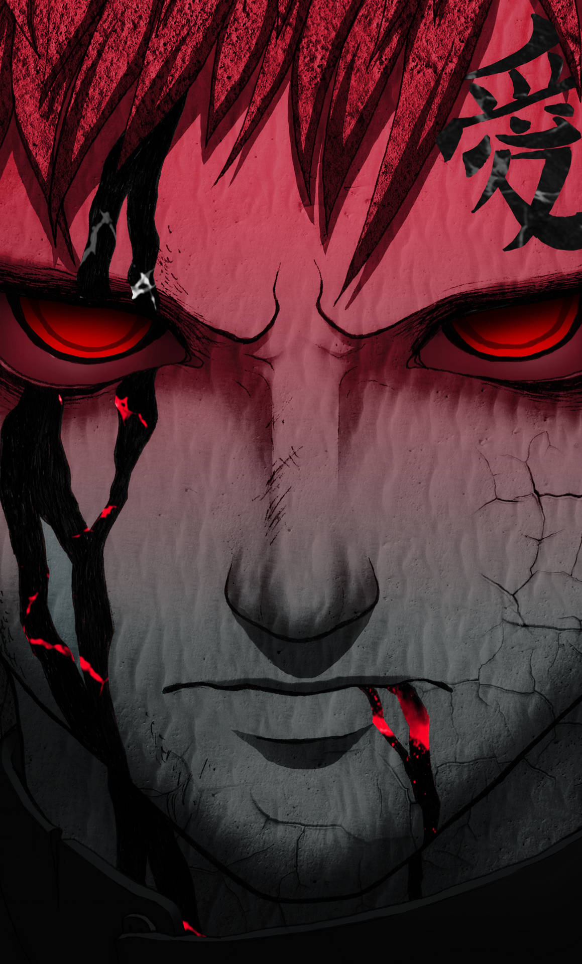 A Red Anime Face With Red Eyes Background