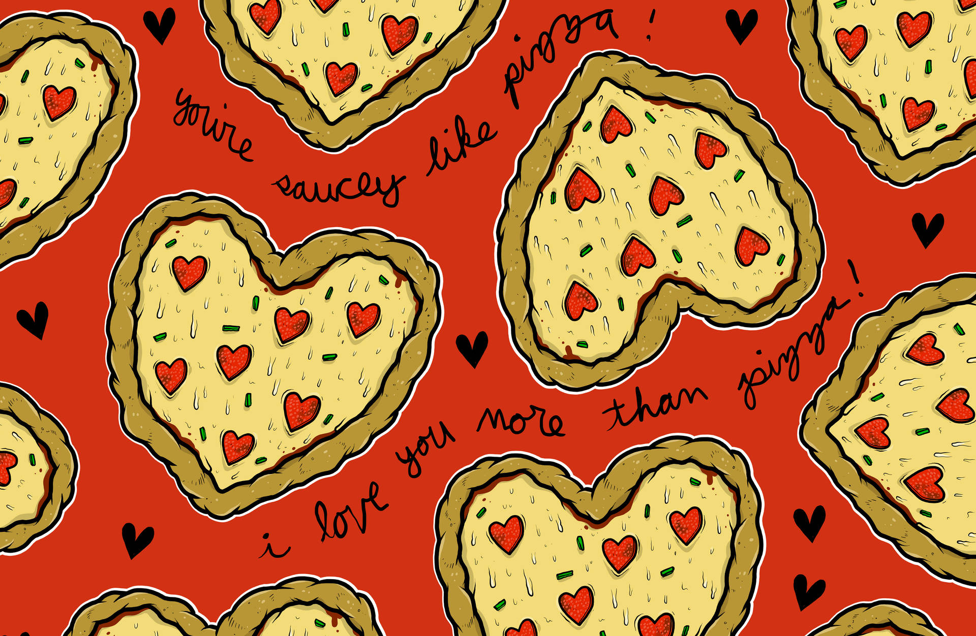 A Red Background With Pizza Slices In The Shape Of Hearts Background