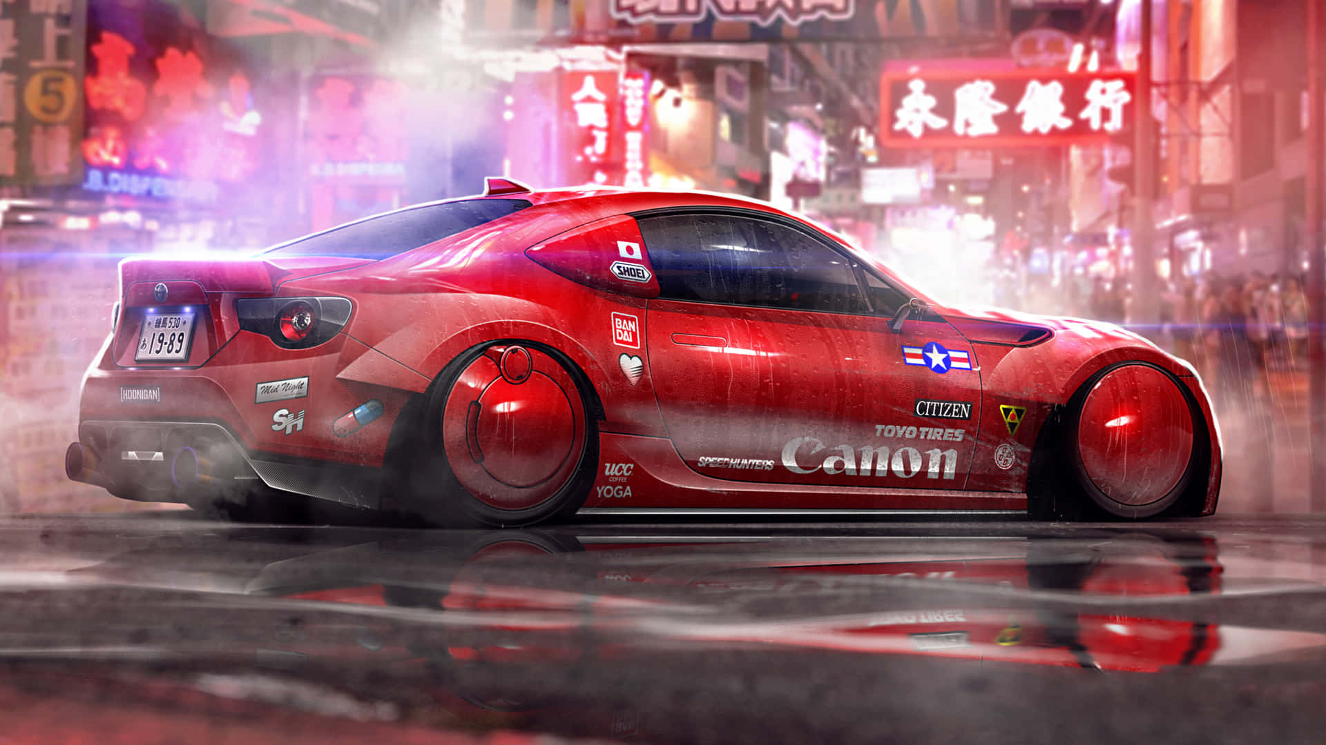 A Red Car Driving Down A City Street Background