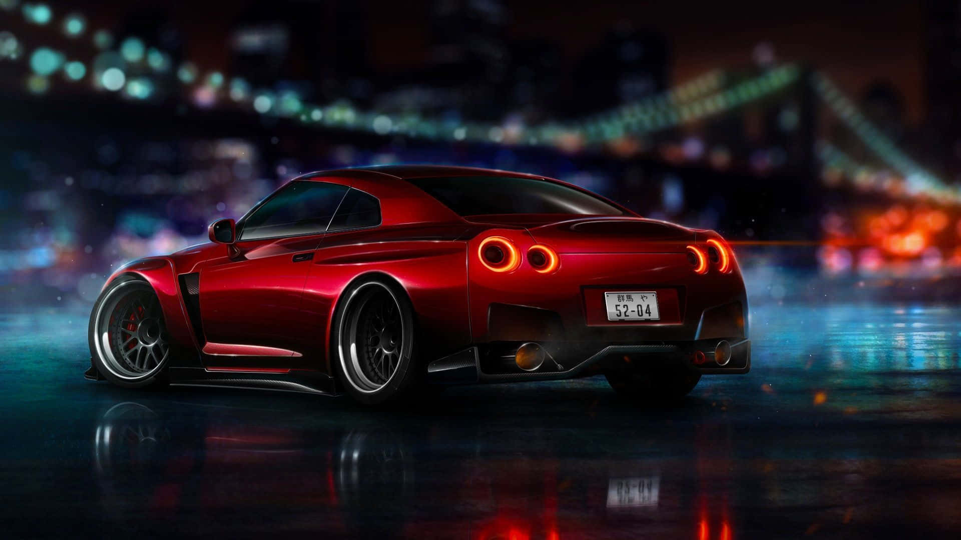 A Red Car Is Parked In Front Of A City At Night Background