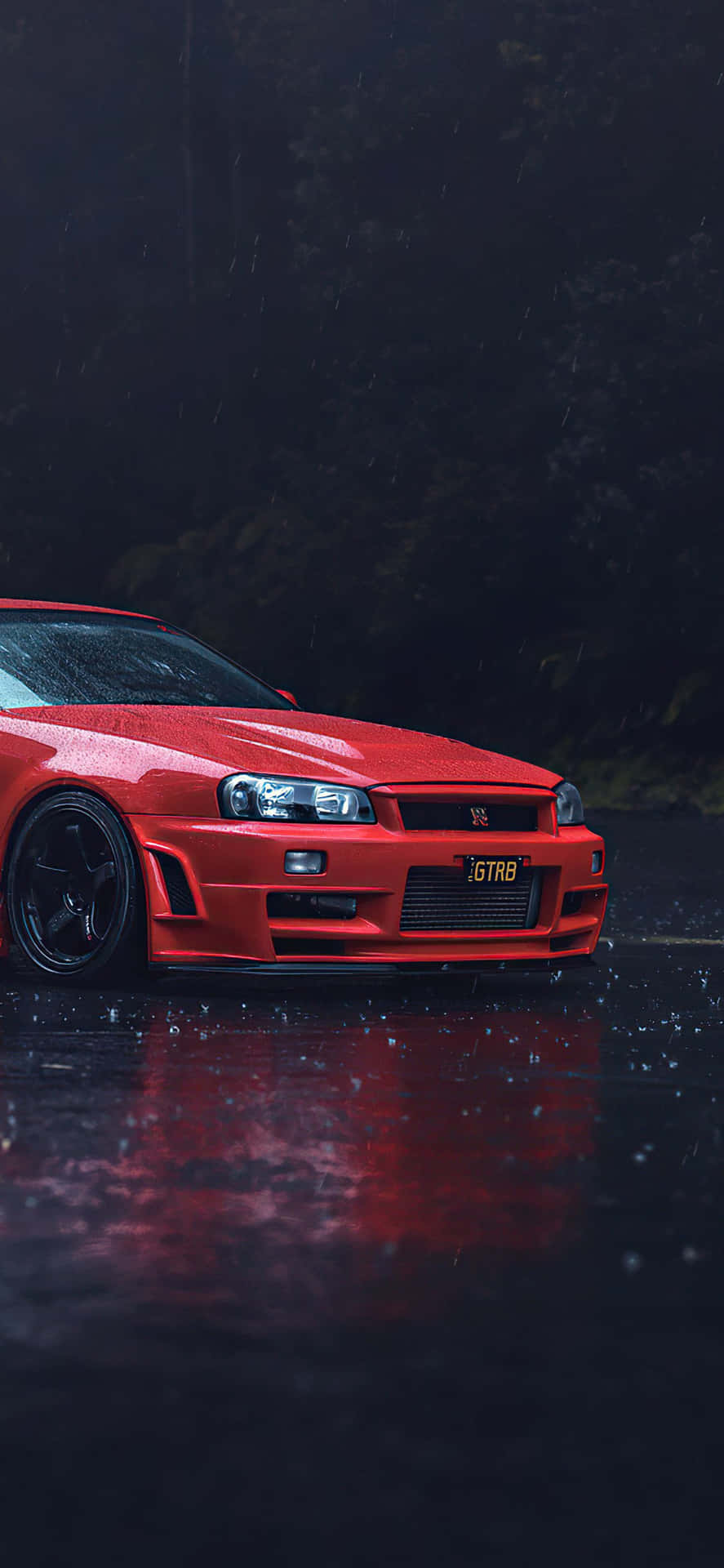 A Red Car Is Parked In The Rain Background