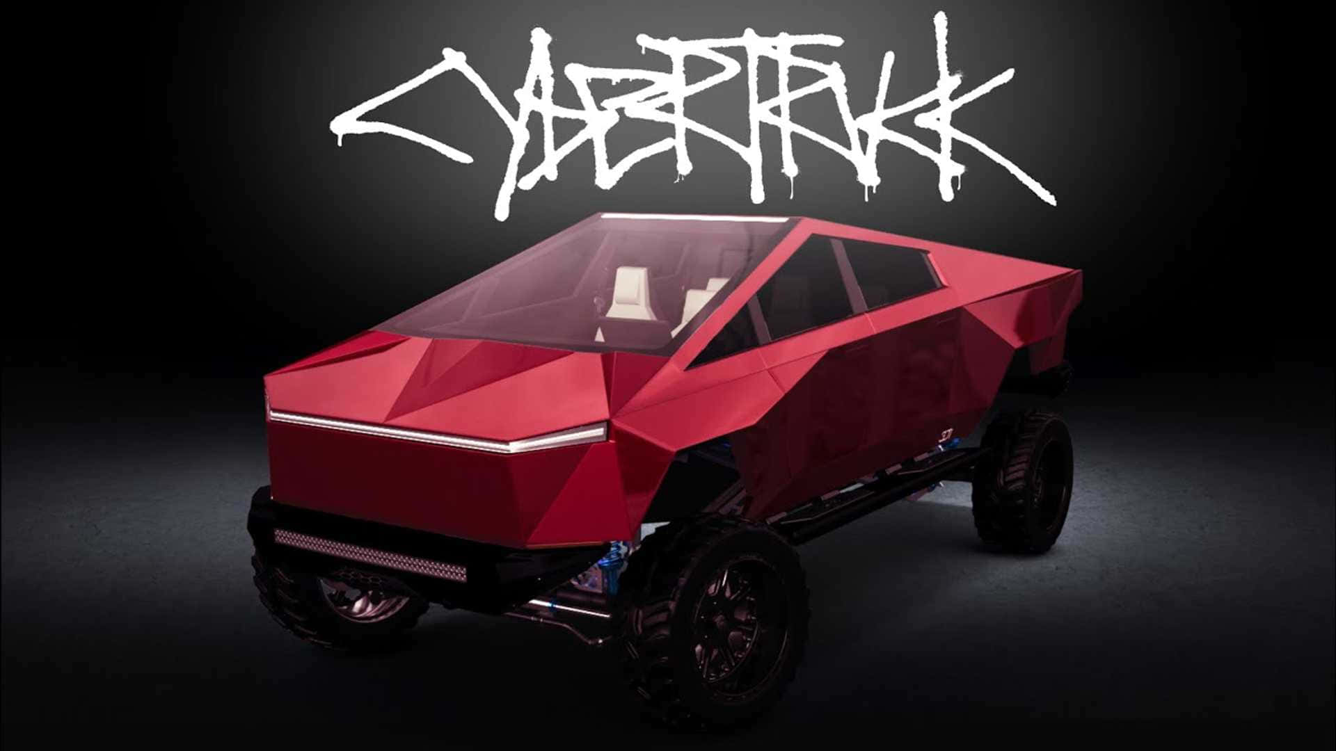 A Red Car With The Word Cybertruck On It Background