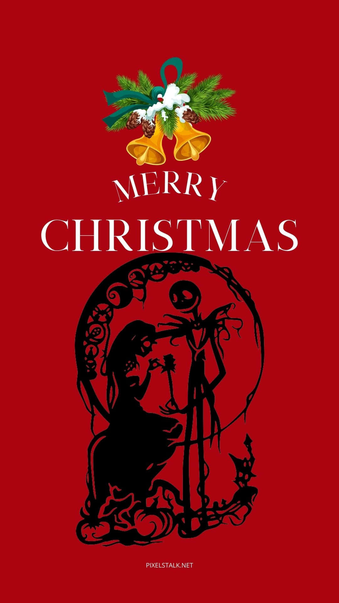 A Red Christmas Card With A Silhouette Of A Skeleton And A Bell Background