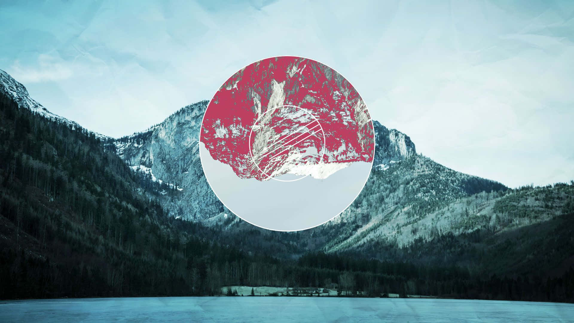A Red Circle With Mountains In The Background Background