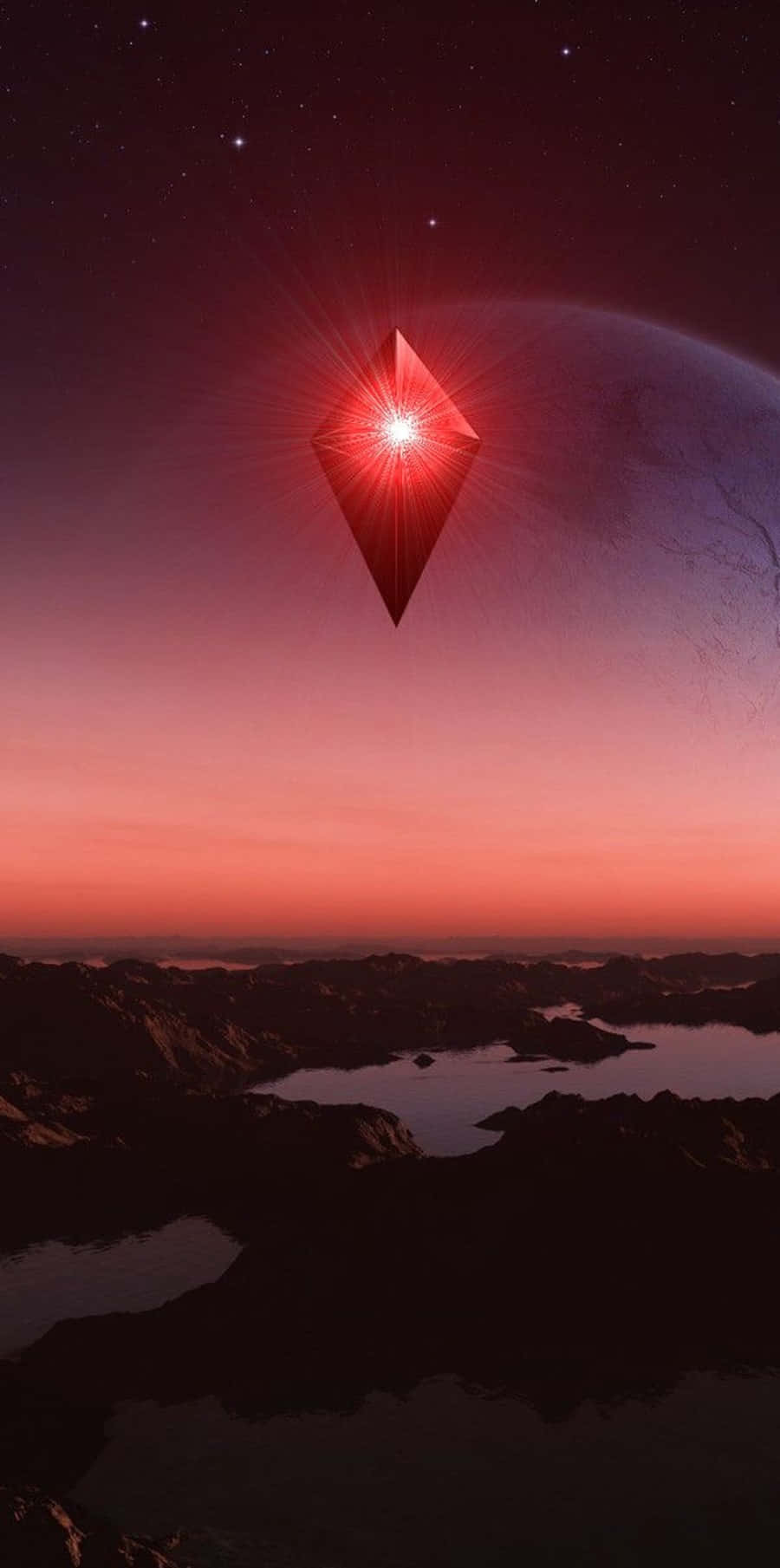 A Red Diamond Is Flying Over A Lake And Mountains Background