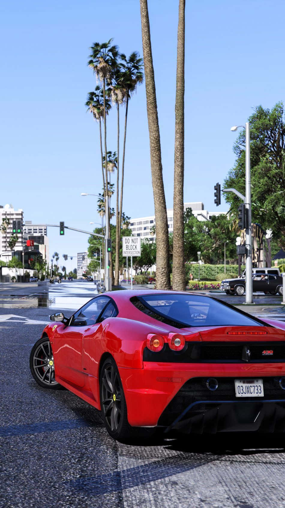 A Red Ferrari Sports Car Driving Down The Street Background