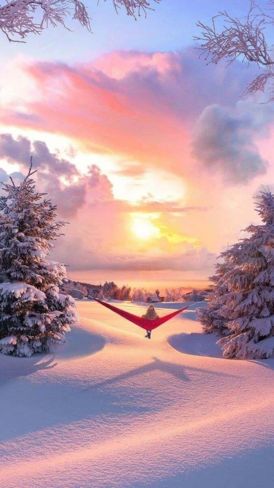 A Red Hammock Is Hanging In The Snow