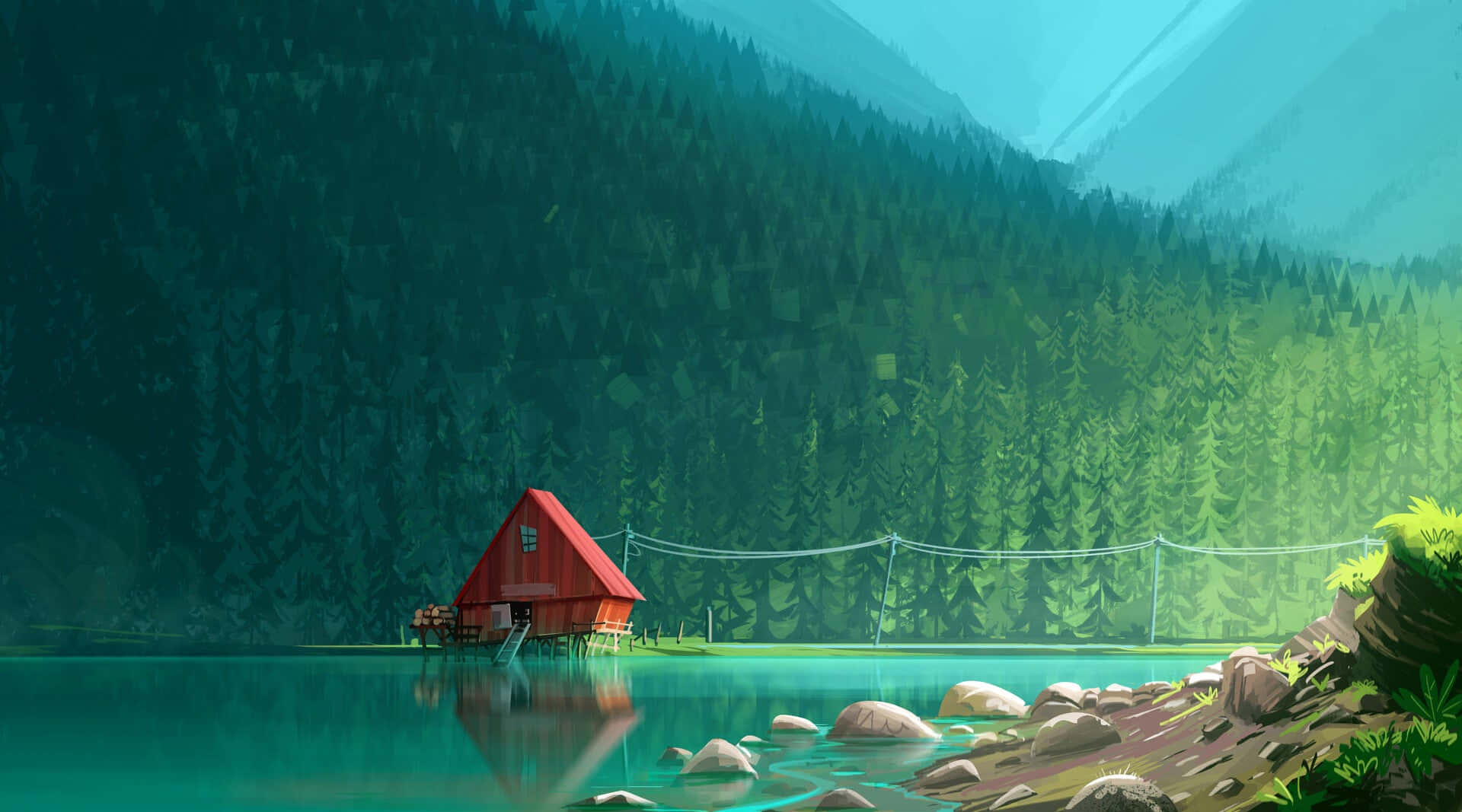 A Red House On A Lake In The Mountains Background