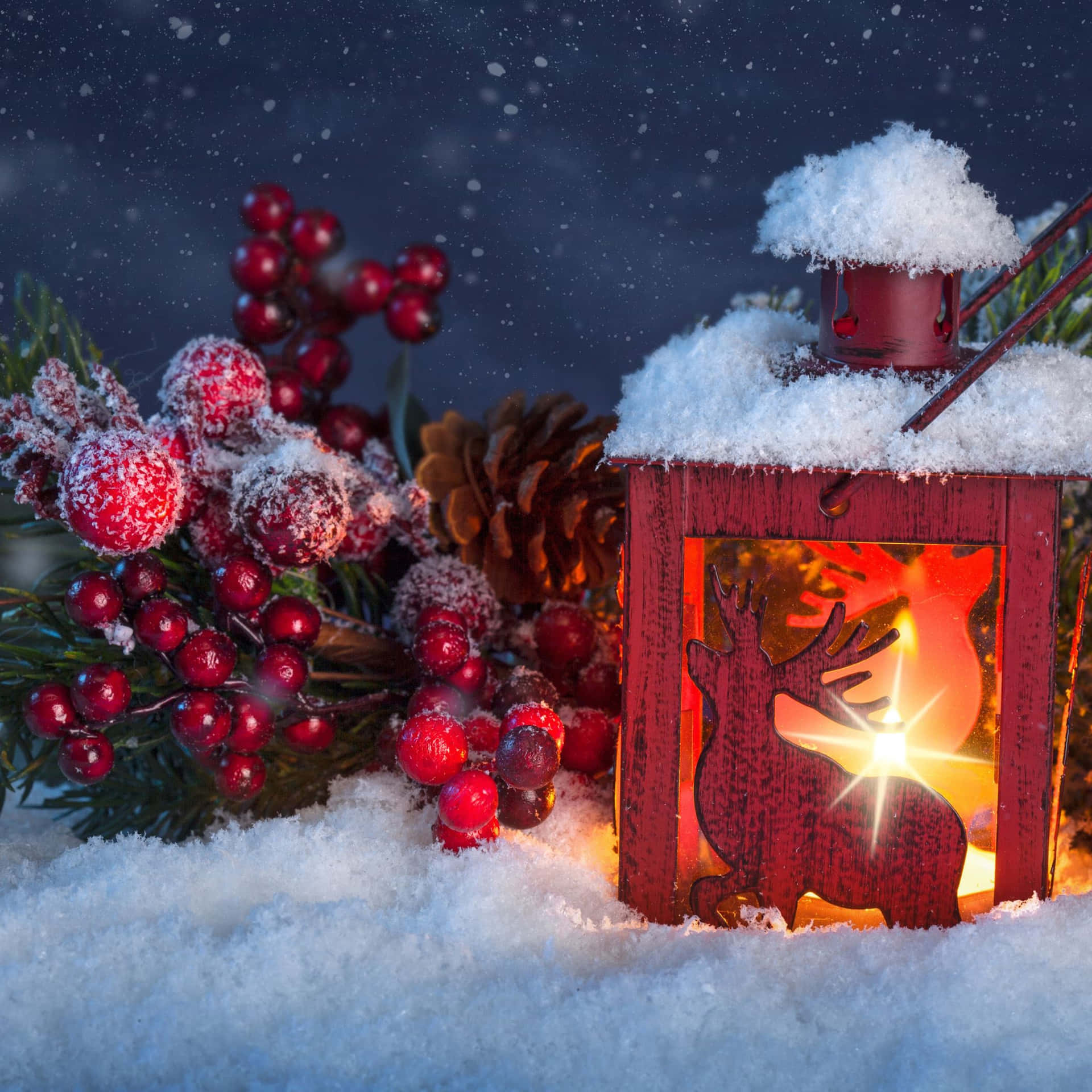 A Red Lantern With A Candle In The Snow Background