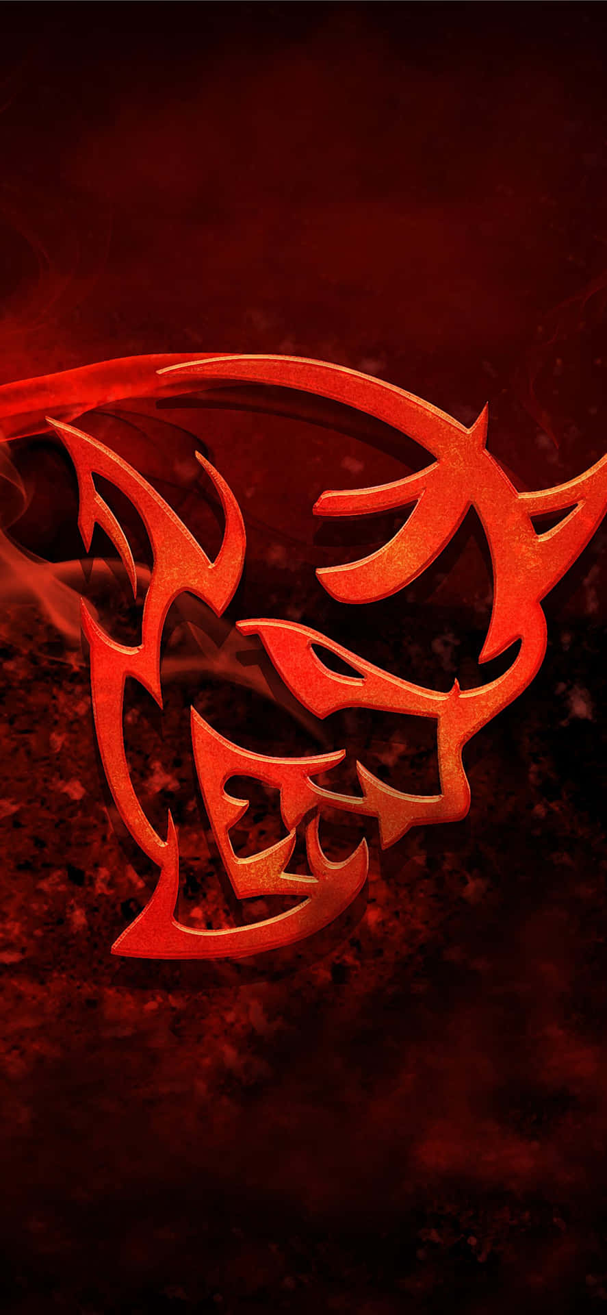 A Red Logo With A Devil On It Background