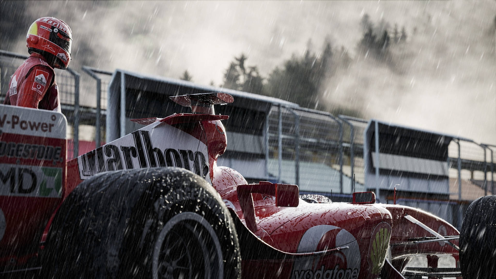 A Red Racing Car In The Rain Background