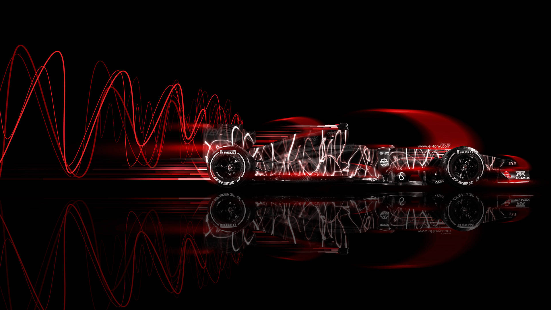 A Red Racing Car With Waves On It Background