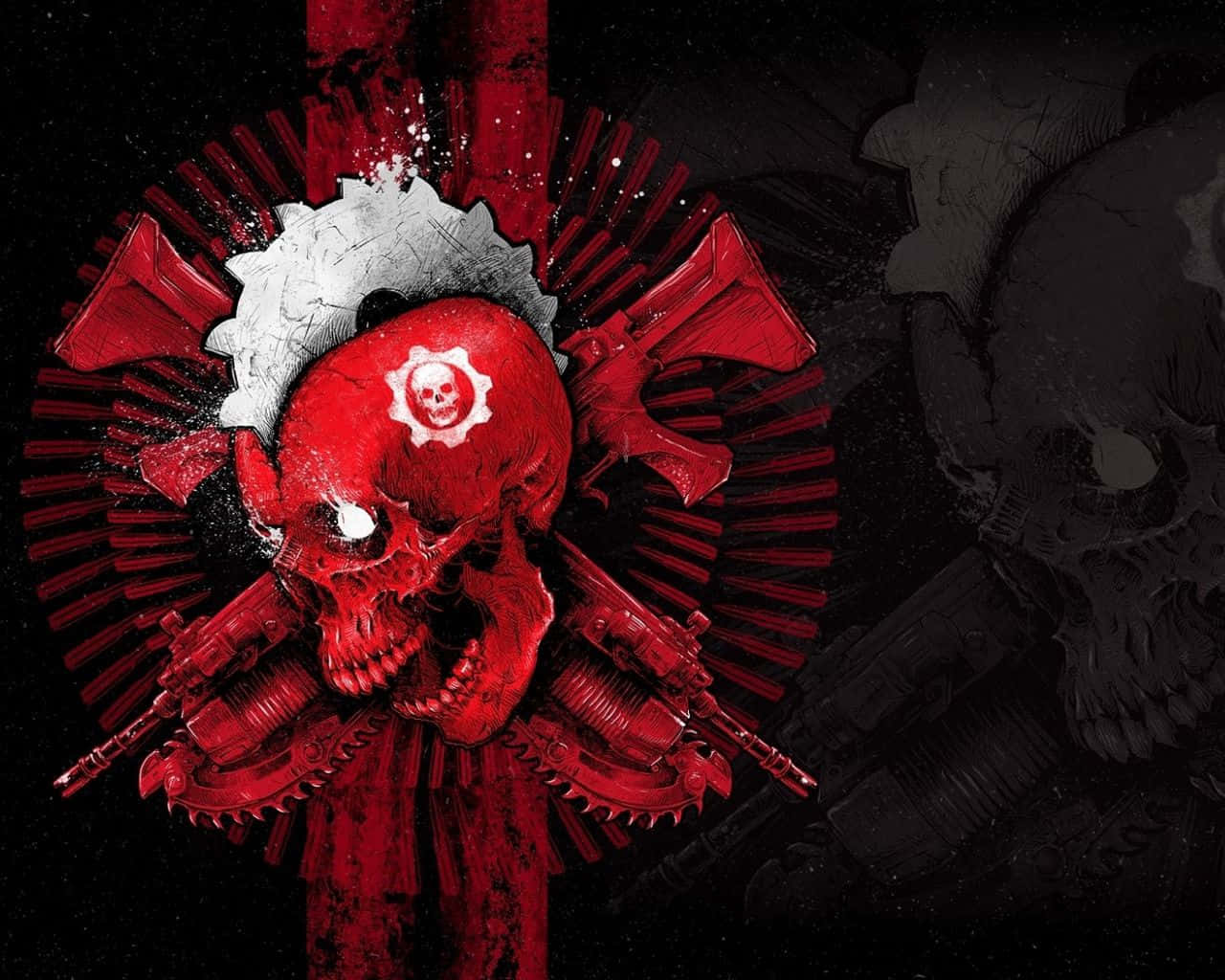 A Red Skull With A Cross And Guns On It Background