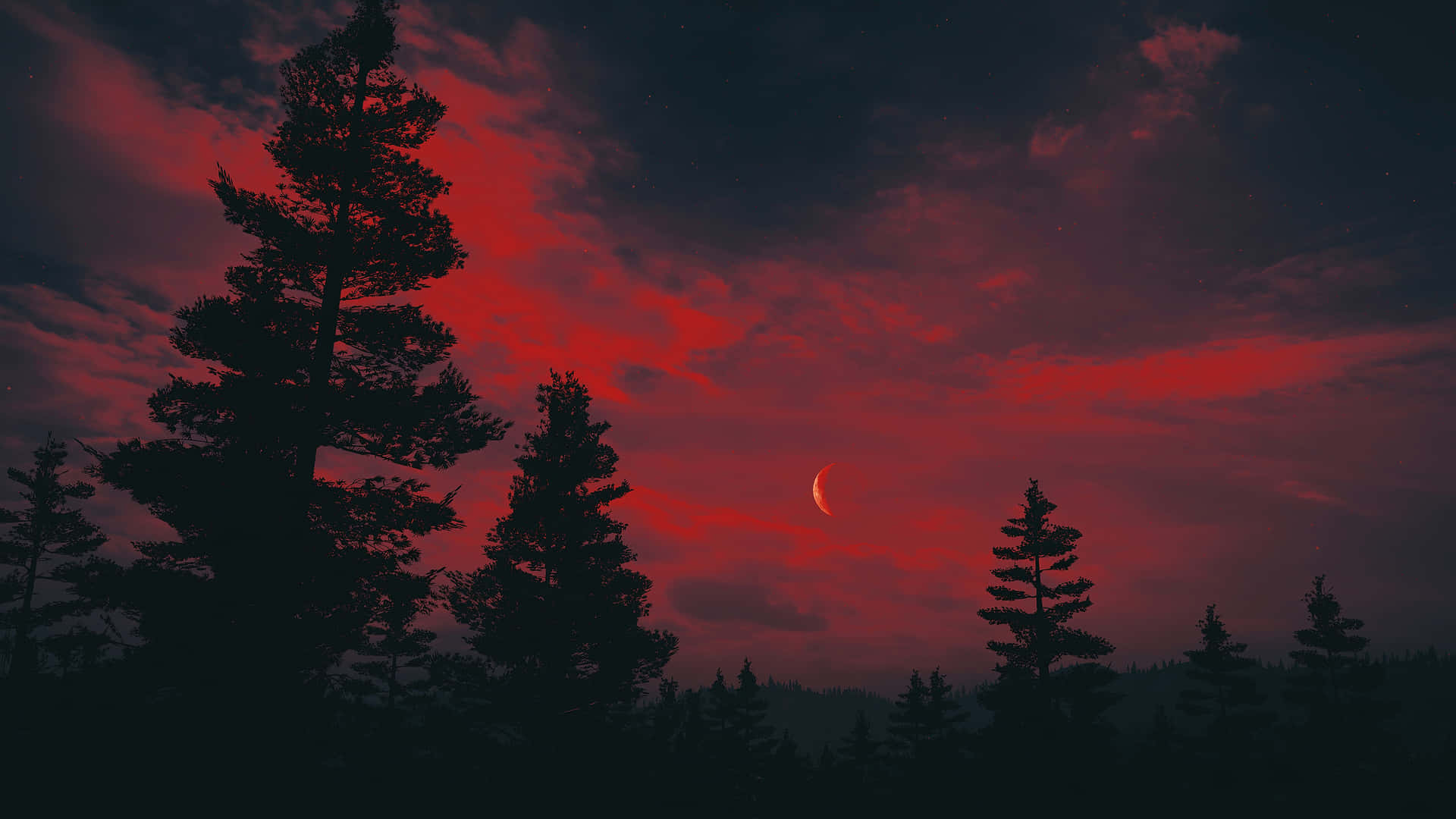 A Red Sky With Trees And A Crescent Background