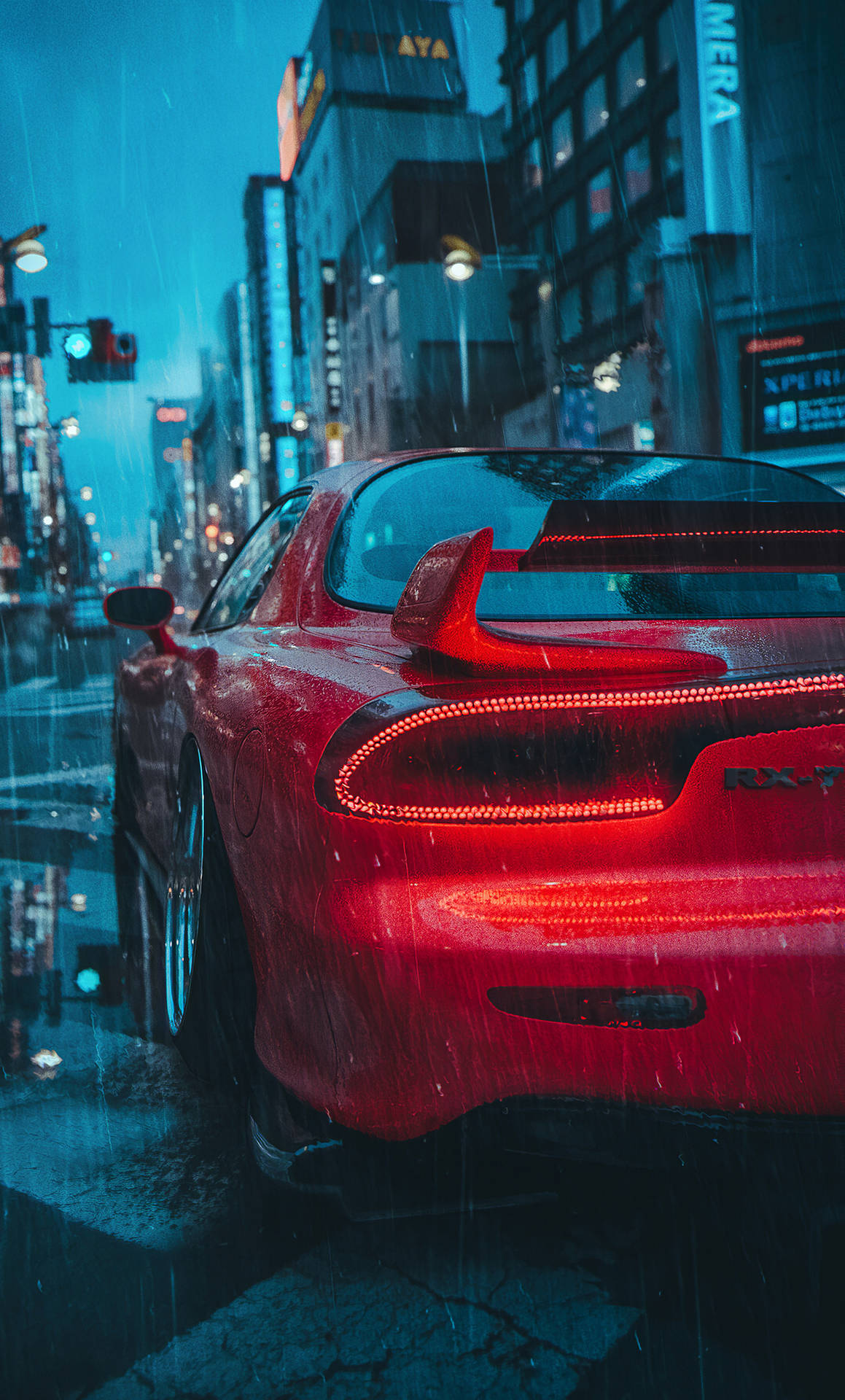 A Red Sports Car Is Parked On A City Street Background