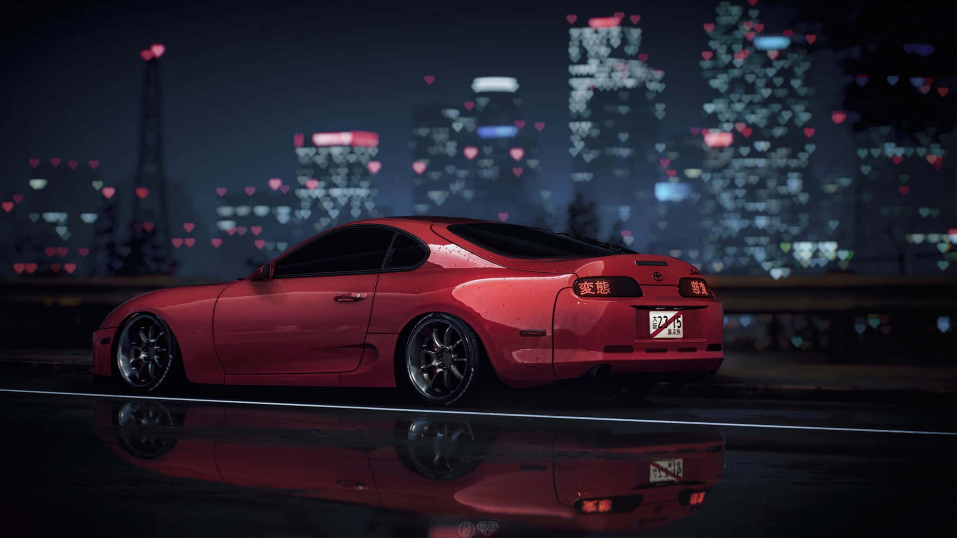 A Red Sports Car Sitting On A Street At Night Background