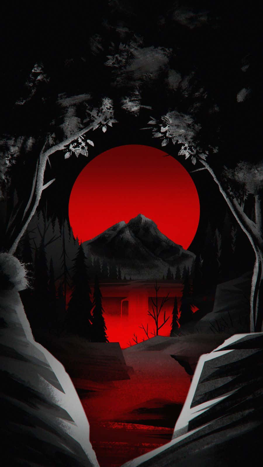 A Red Sun Is Seen In The Background Of A Forest Background