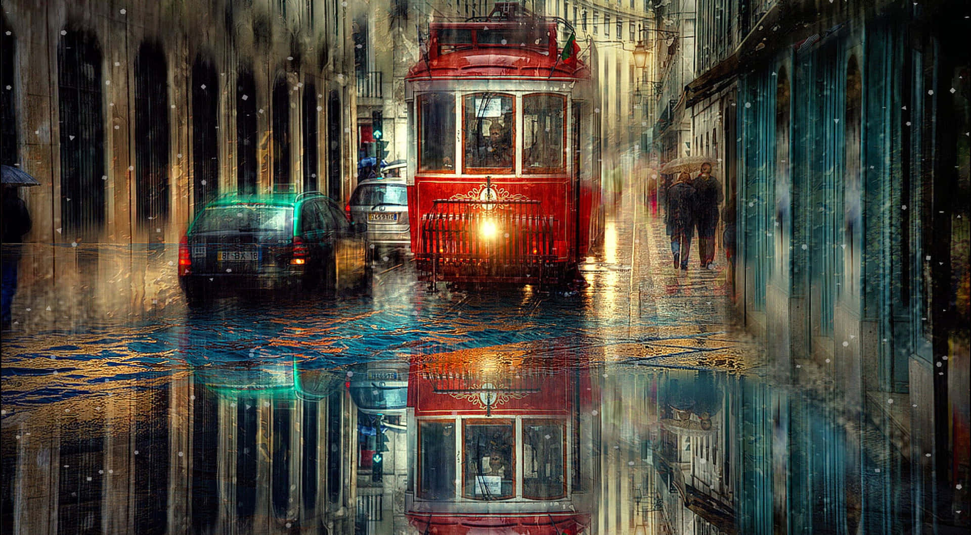 A Red Tram Driving Down A Street Background