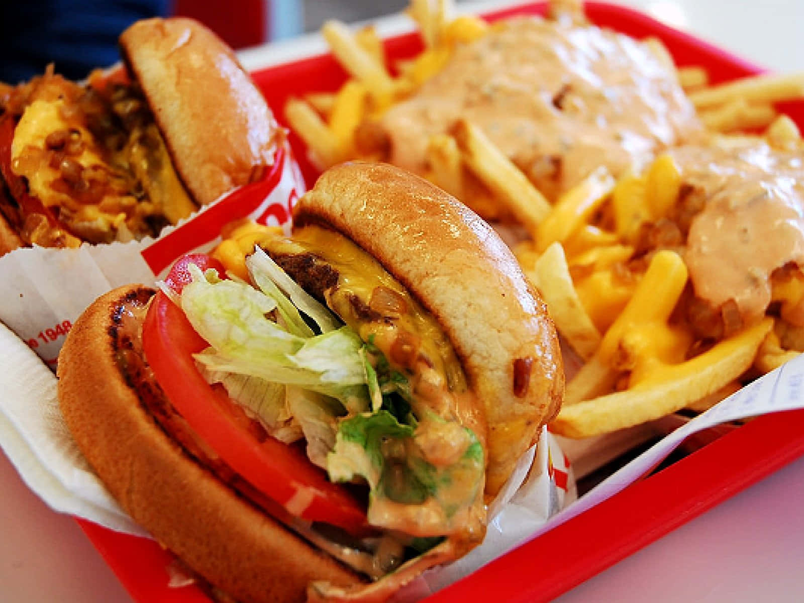 A Red Tray With Food Background