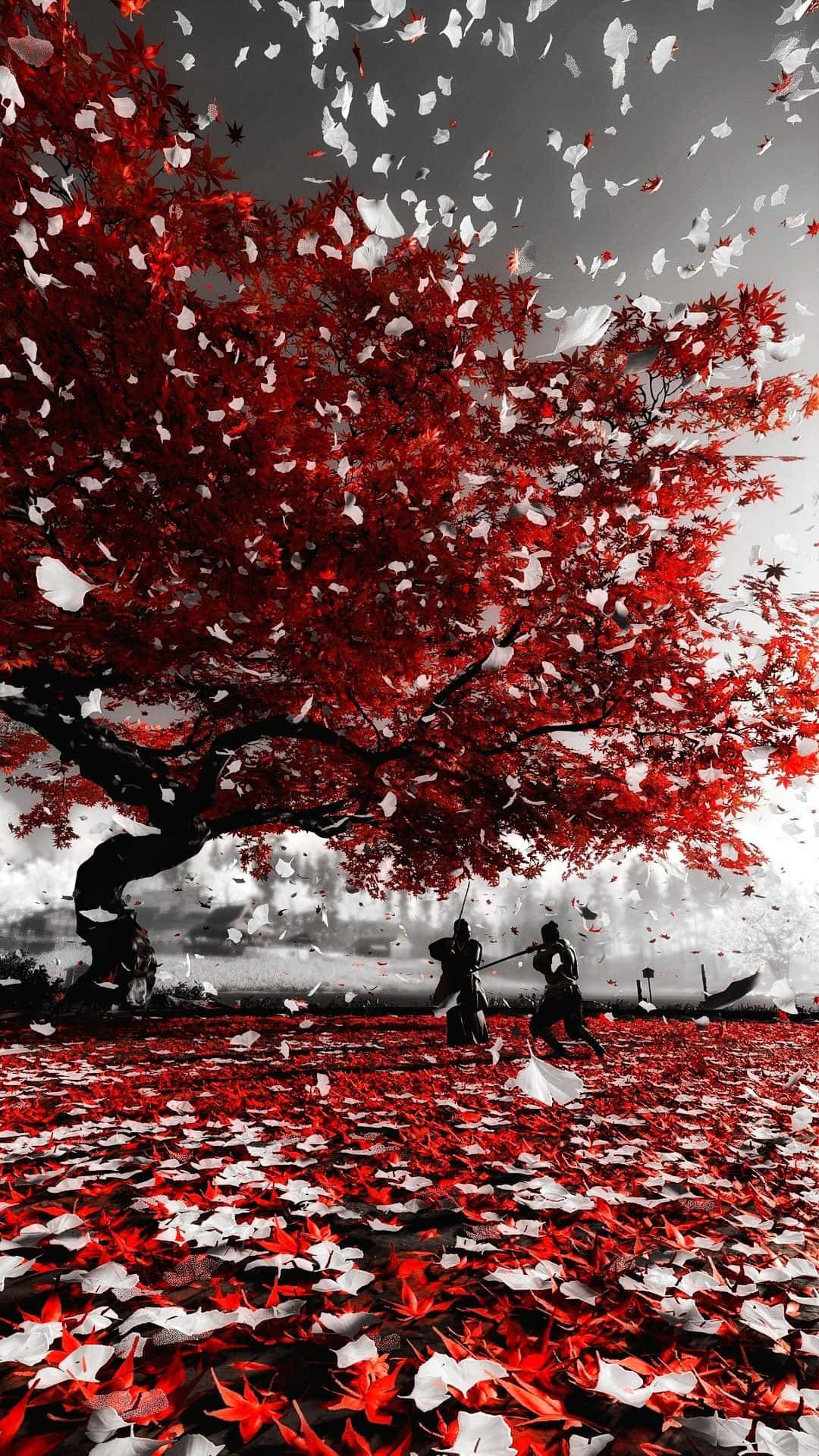 A Red Tree With Leaves Falling Down Background