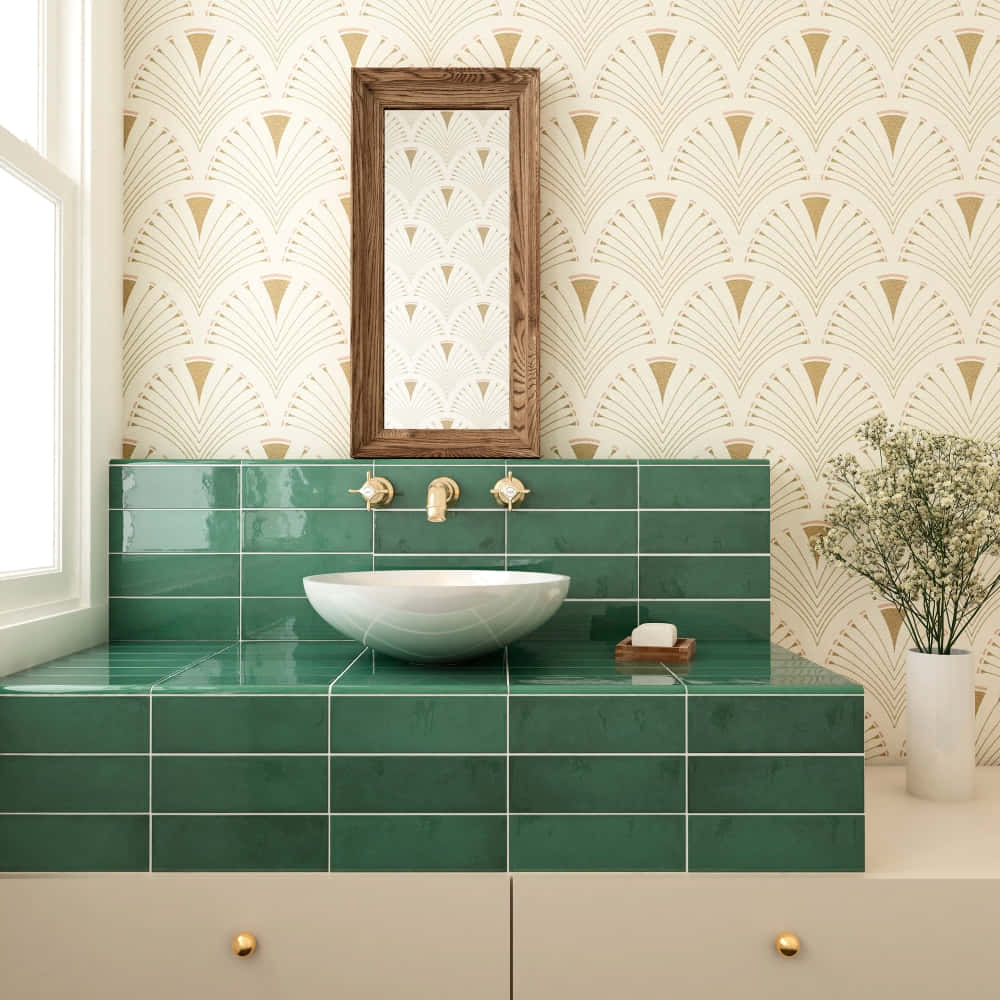A Refreshing Hygiene Space With Green Tiles Background