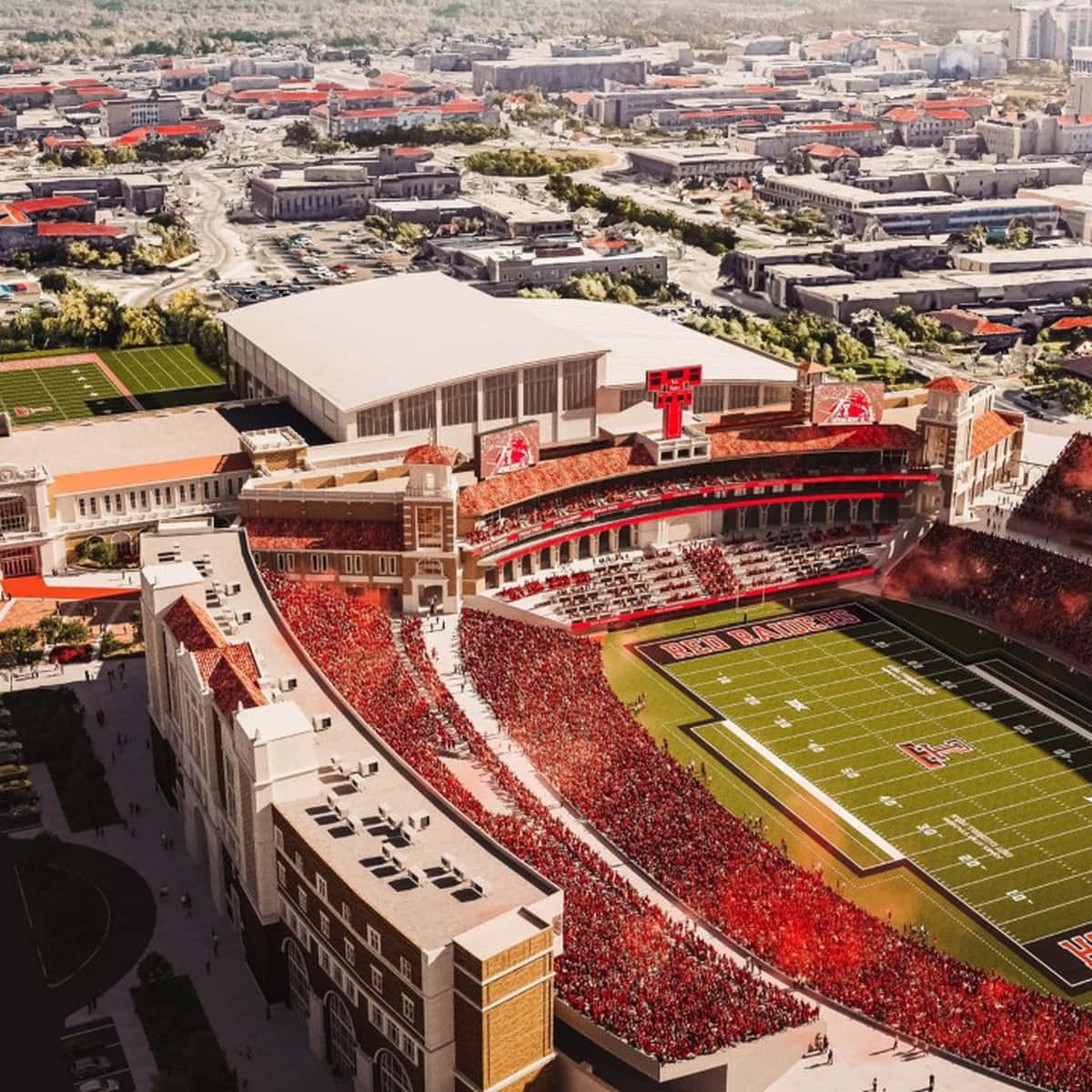 A Rendering Of A Football Stadium With A Red Field Background