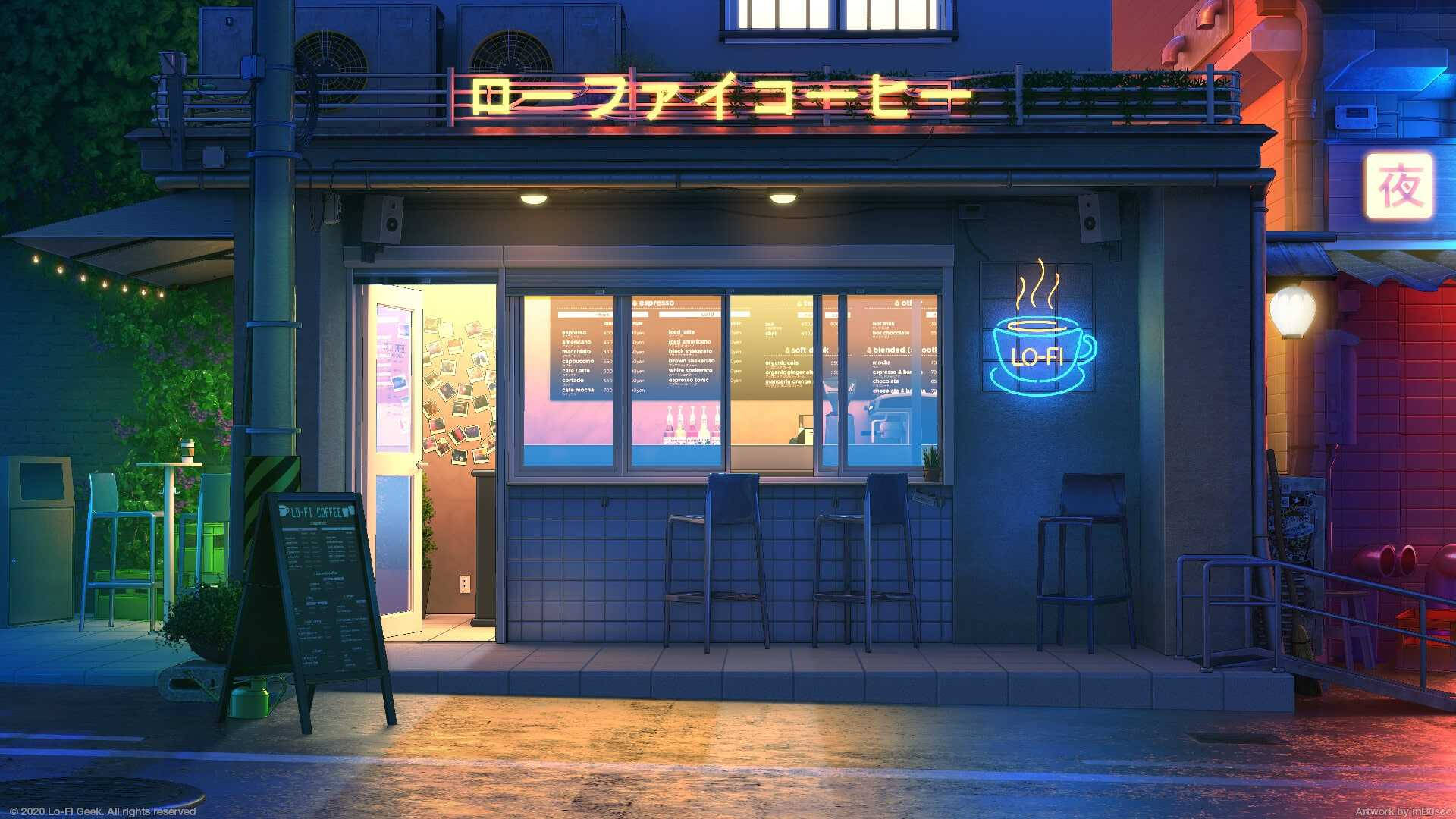 A Restaurant With Neon Lights On The Street Background