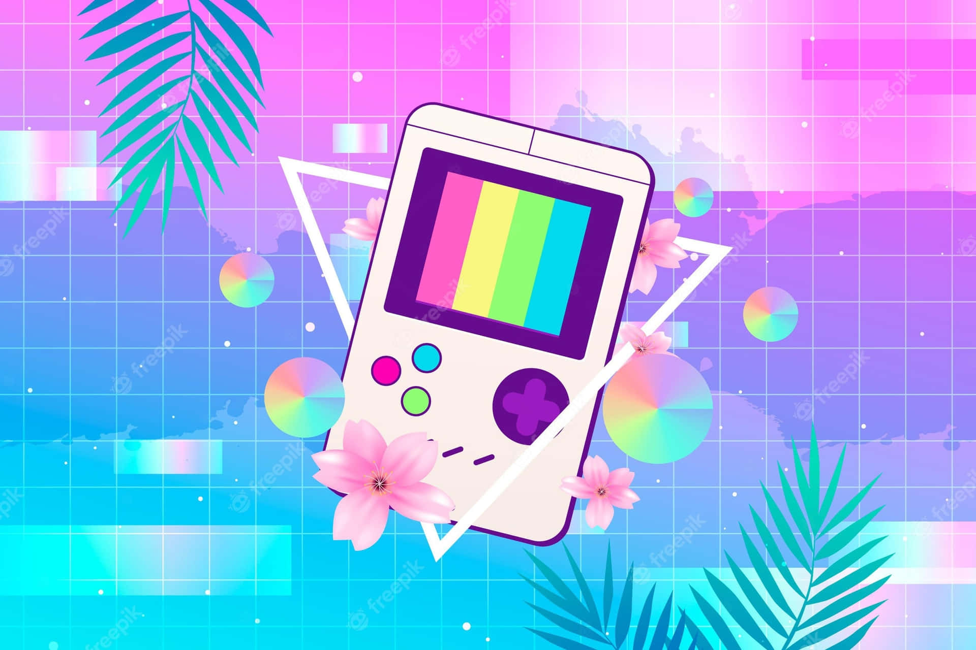 A Retro Gameboy With Flowers And Leaves On A Colorful Background Background
