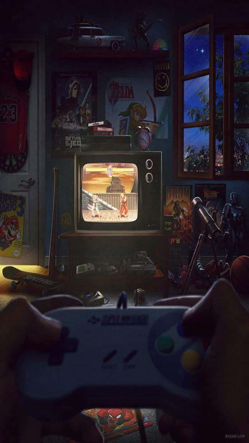A Retro Gamer Enjoying An Old Video Game Background