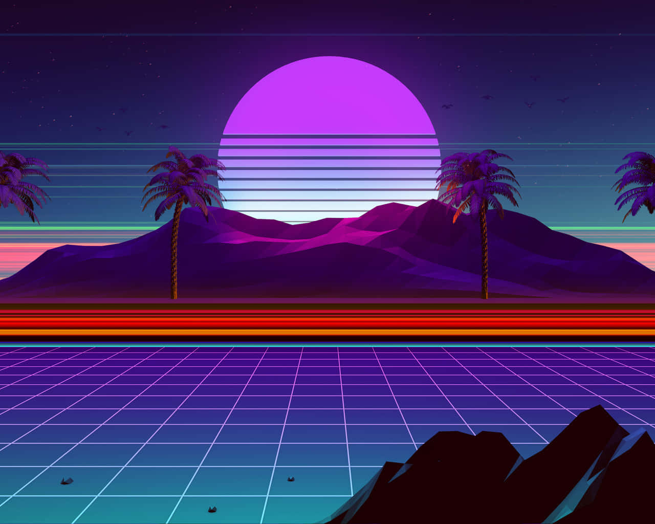 A Retro Styled Landscape With Palm Trees And Mountains Background