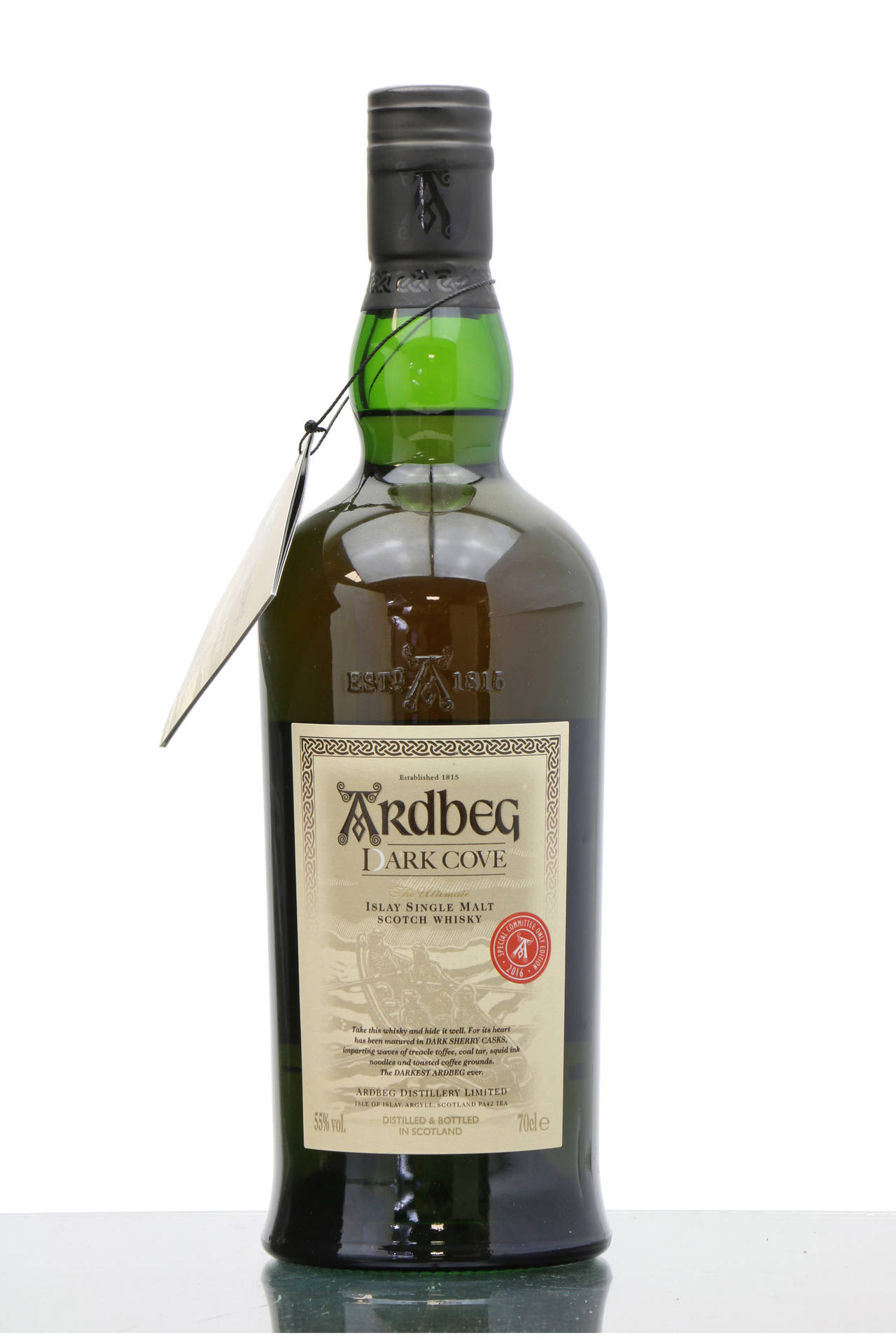 A Rich Blend Of Tradition: Ardbeg Dark Cove Whisky Bottle With Tag