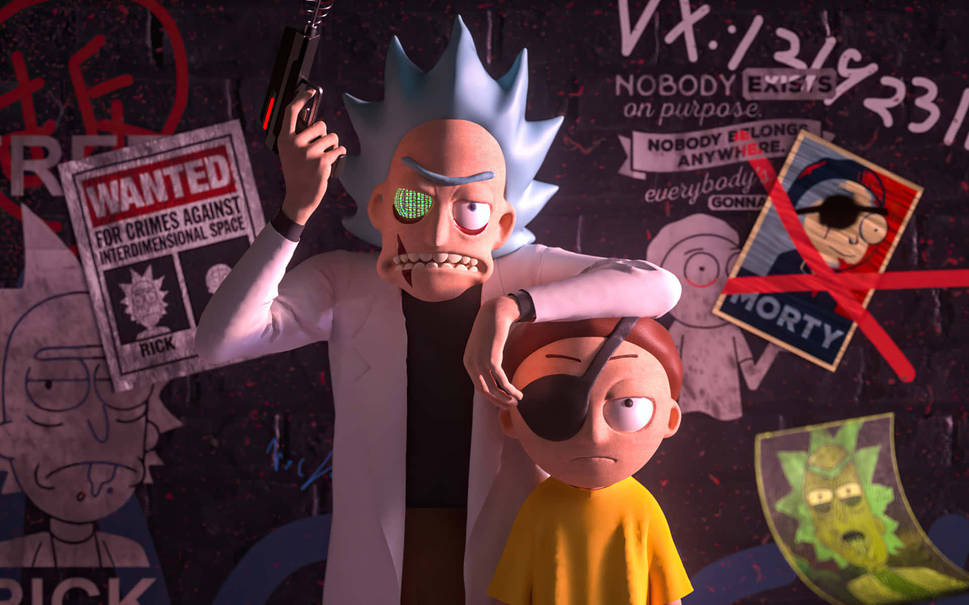 A Rick And Morty Fan Uses Their Cartoon Adorned Macbook To Surf The Web Background