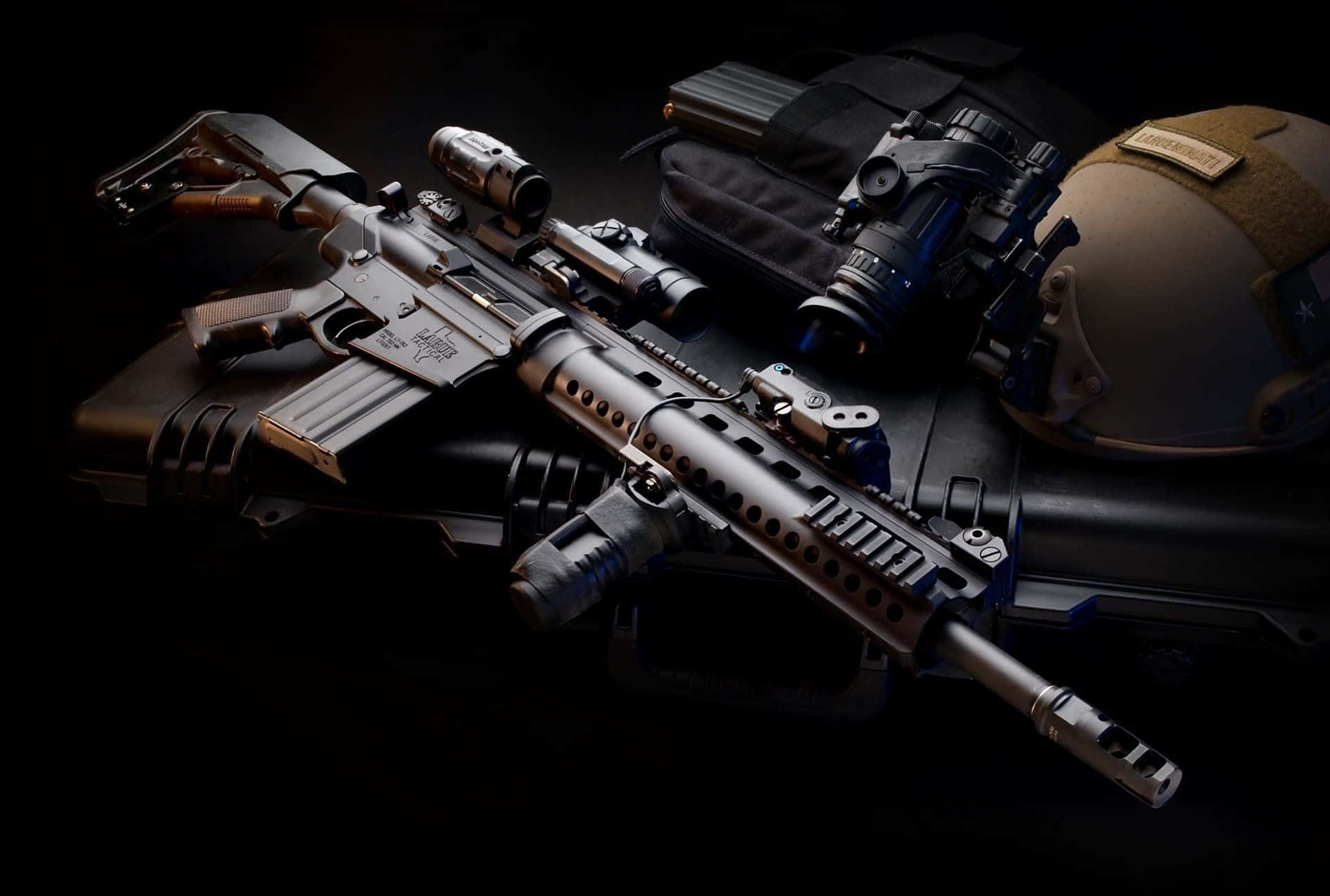 A Rifle And A Helmet On A Black Background Background