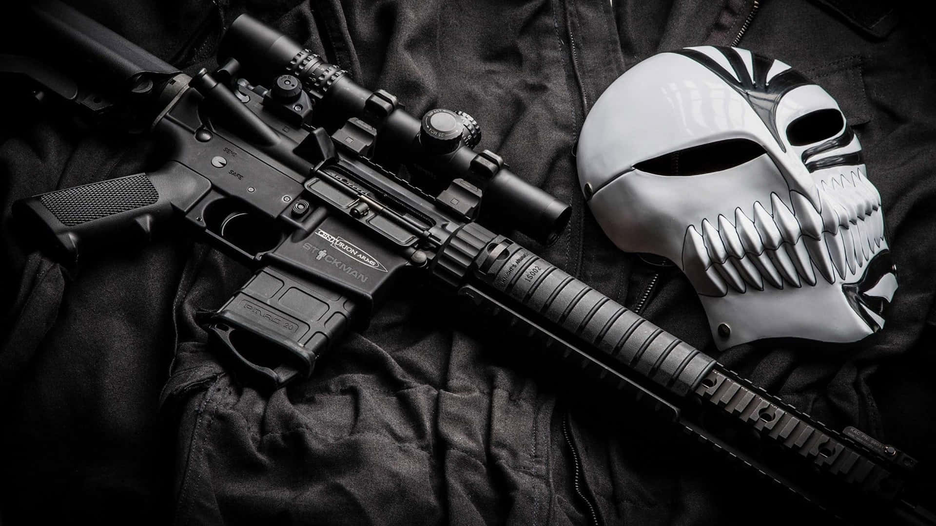 A Rifle And Mask On A Black Background Background