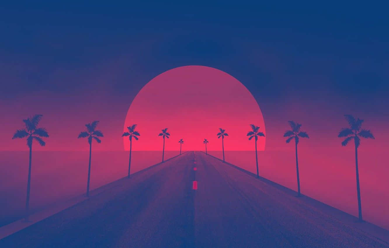 A Road With Palm Trees And A Sunset Background