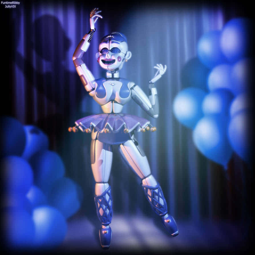 A Robot In A Blue Dress With Balloons