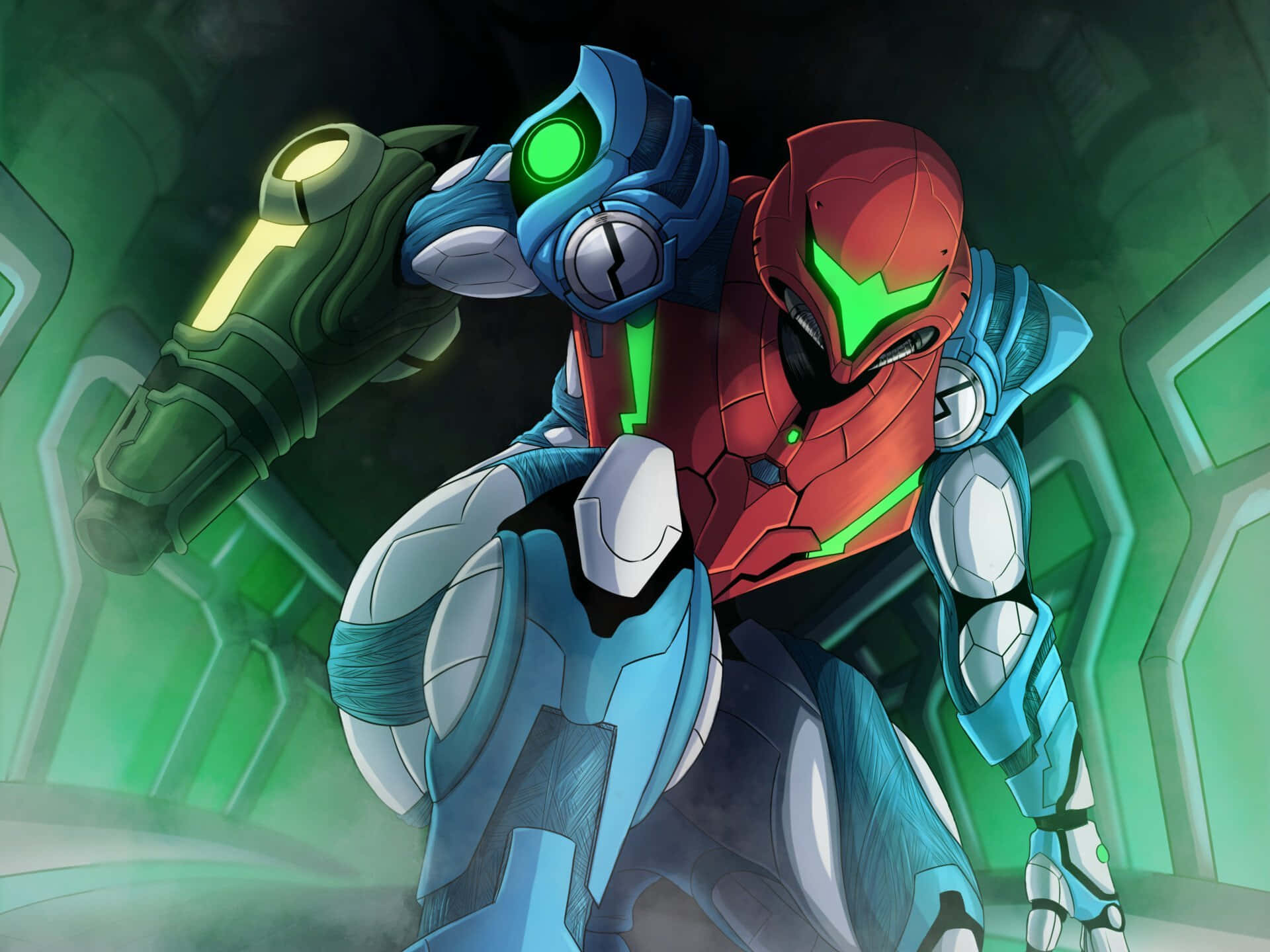 A Robot In A Green And Blue Costume Background