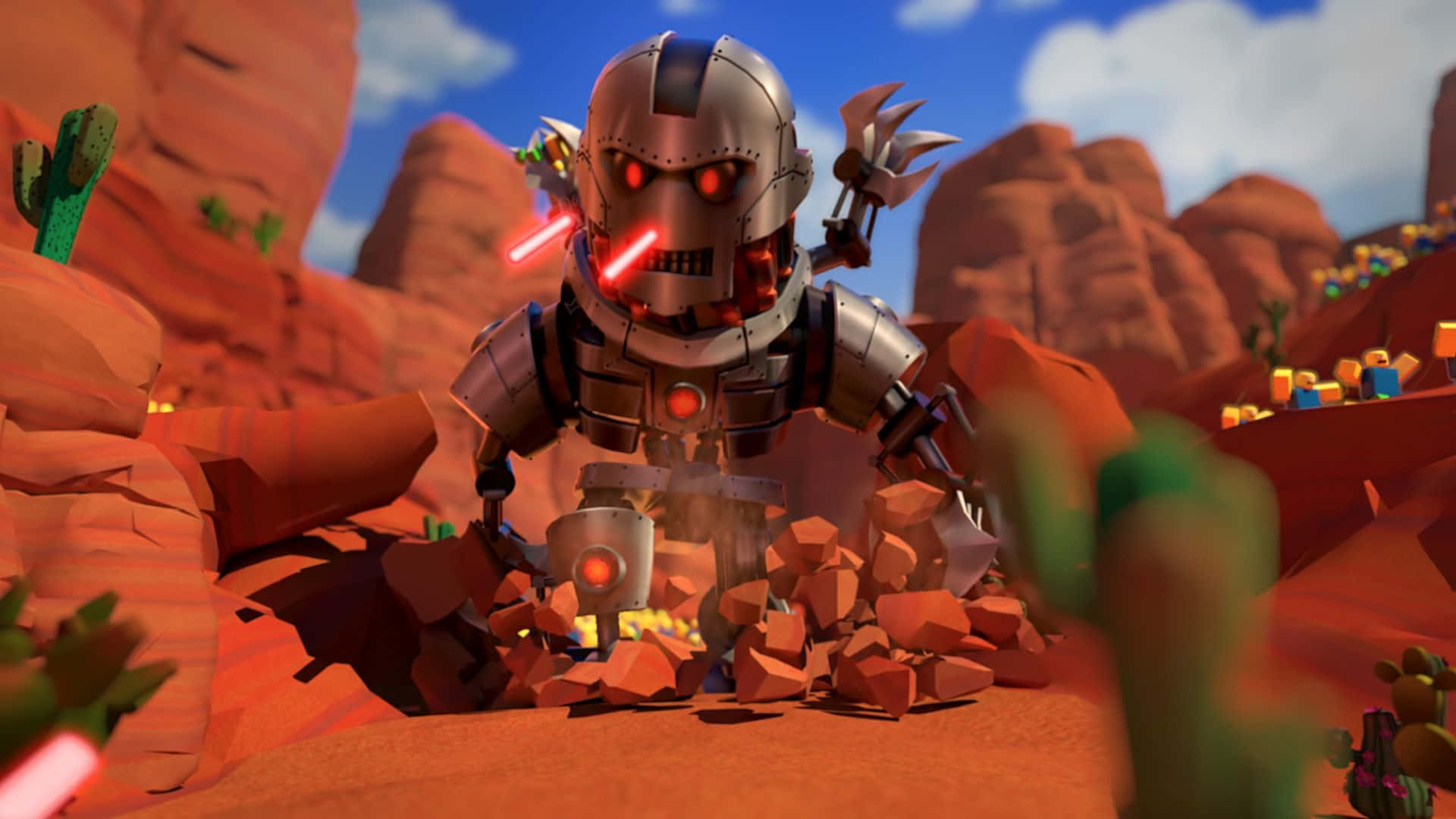 A Robot Is In The Desert With A Red Light Background