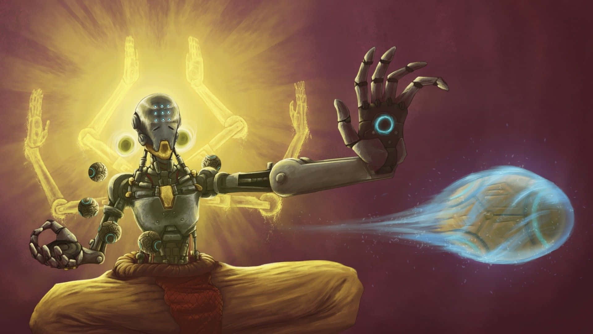 A Robot Is Sitting In A Lotus Position And Holding A Ball Background