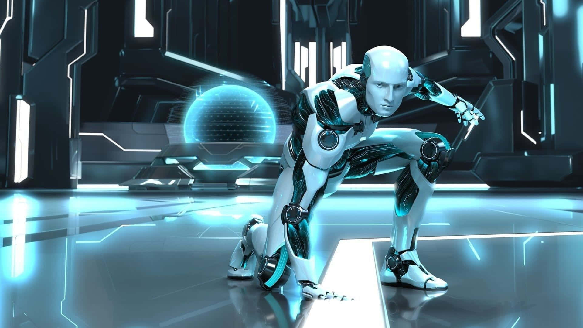 A Robot Is Standing In A Futuristic Setting Background