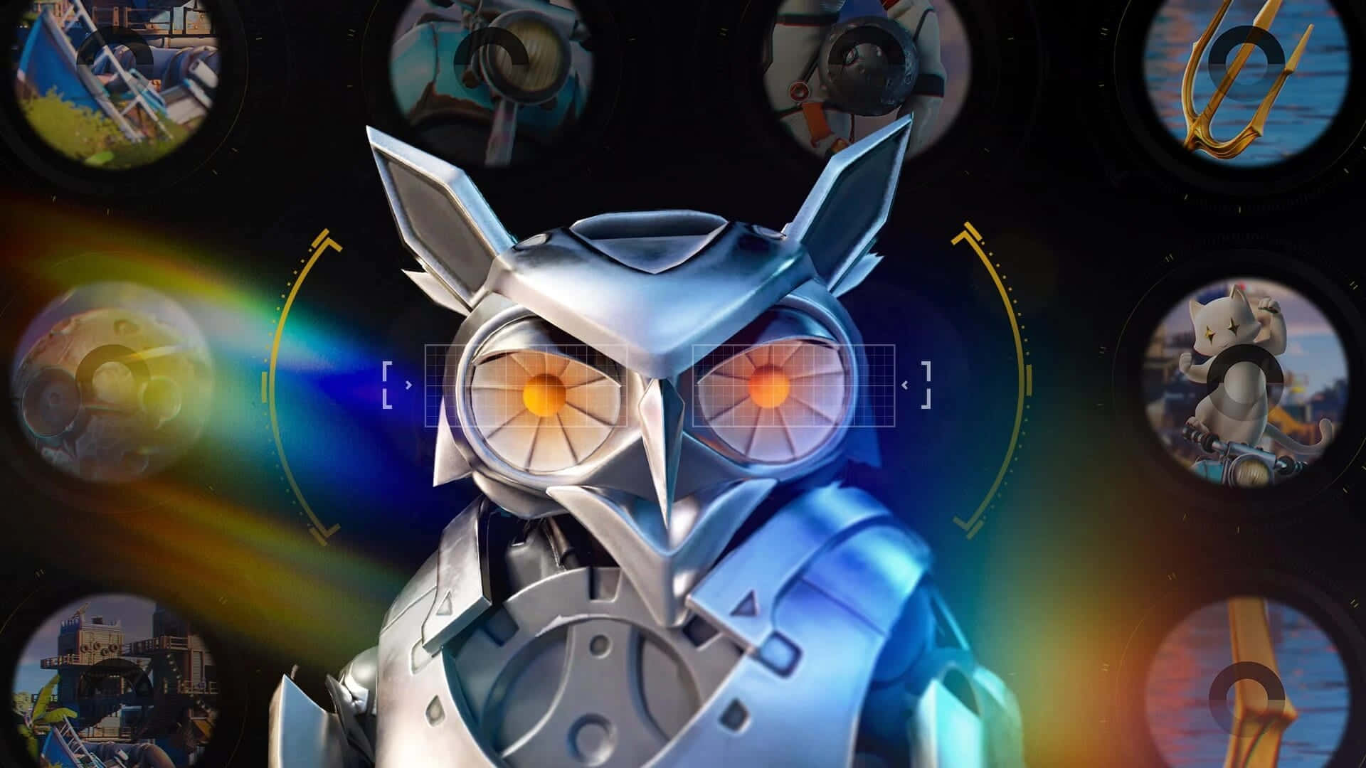 A Robot Owl With Many Different Images Background