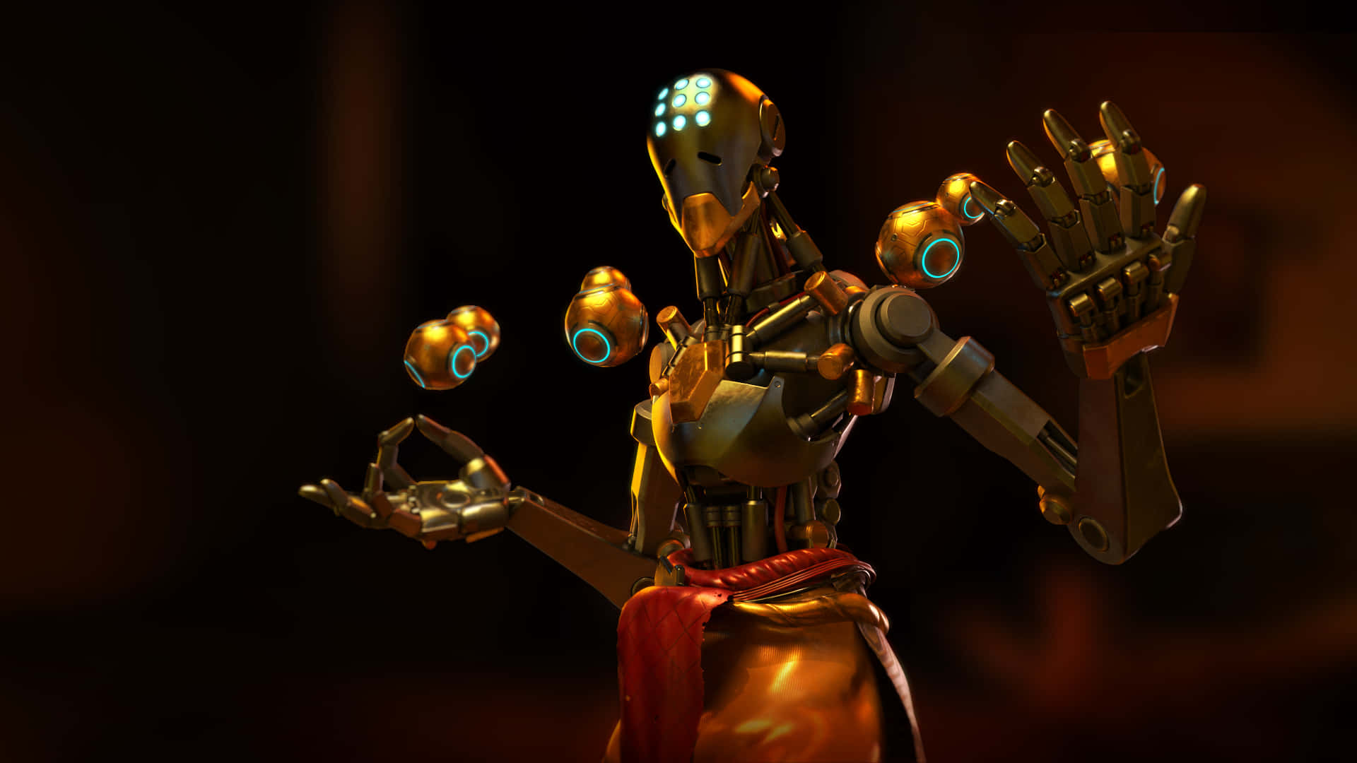 A Robot With A Golden Arm Is Holding A Sword Background