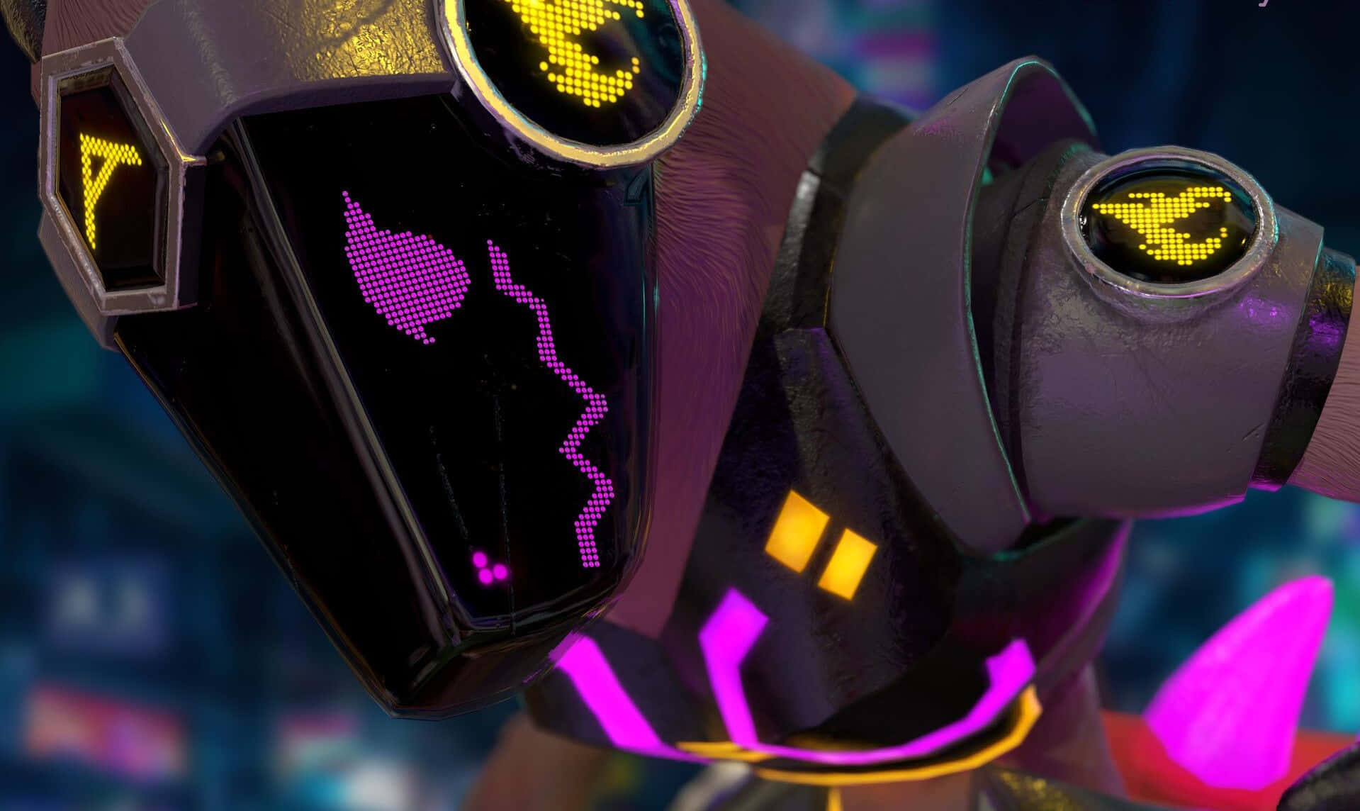 A Robot With A Neon Light On His Head Background