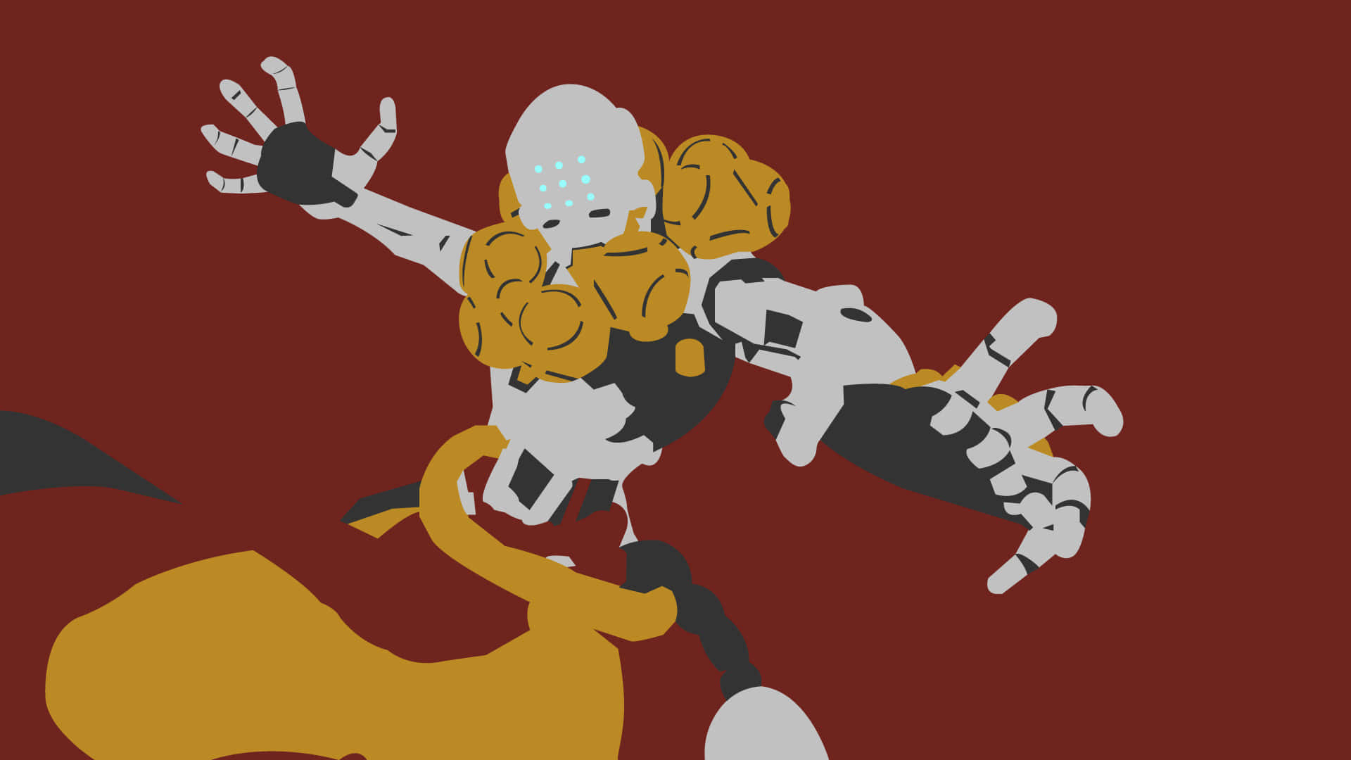 A Robot With A Red Background And A Yellow Arm Background